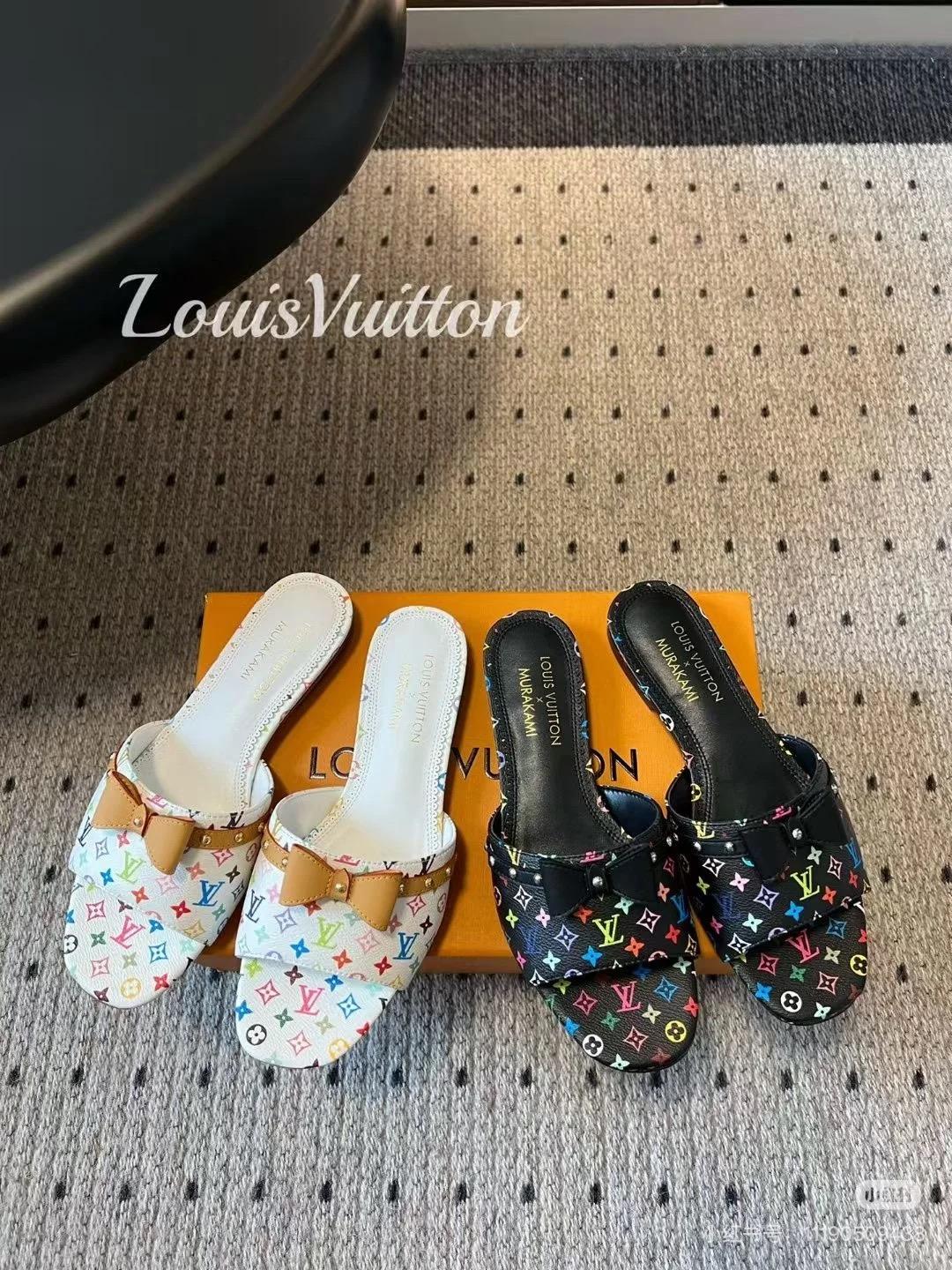LV 25s 村上隆聯名系列 白三彩平底蝴蝶結拖鞋 35-40