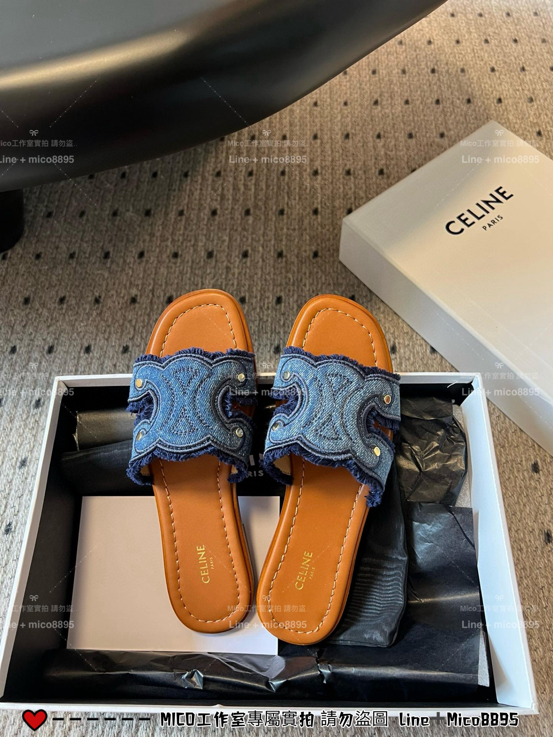 Celine 牛仔帆布凱旋門平底拖鞋 35-40