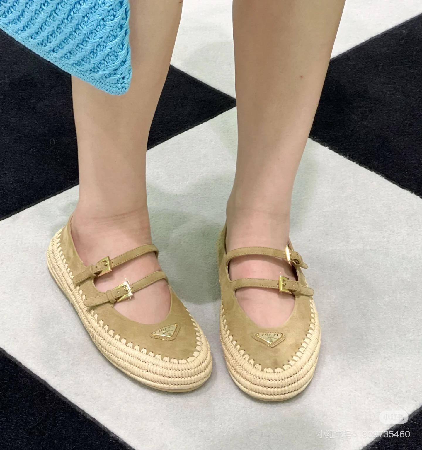 PRADA 25S 渡假風 拉菲草編織底拼接雙帶瑪麗珍涼鞋 35-40