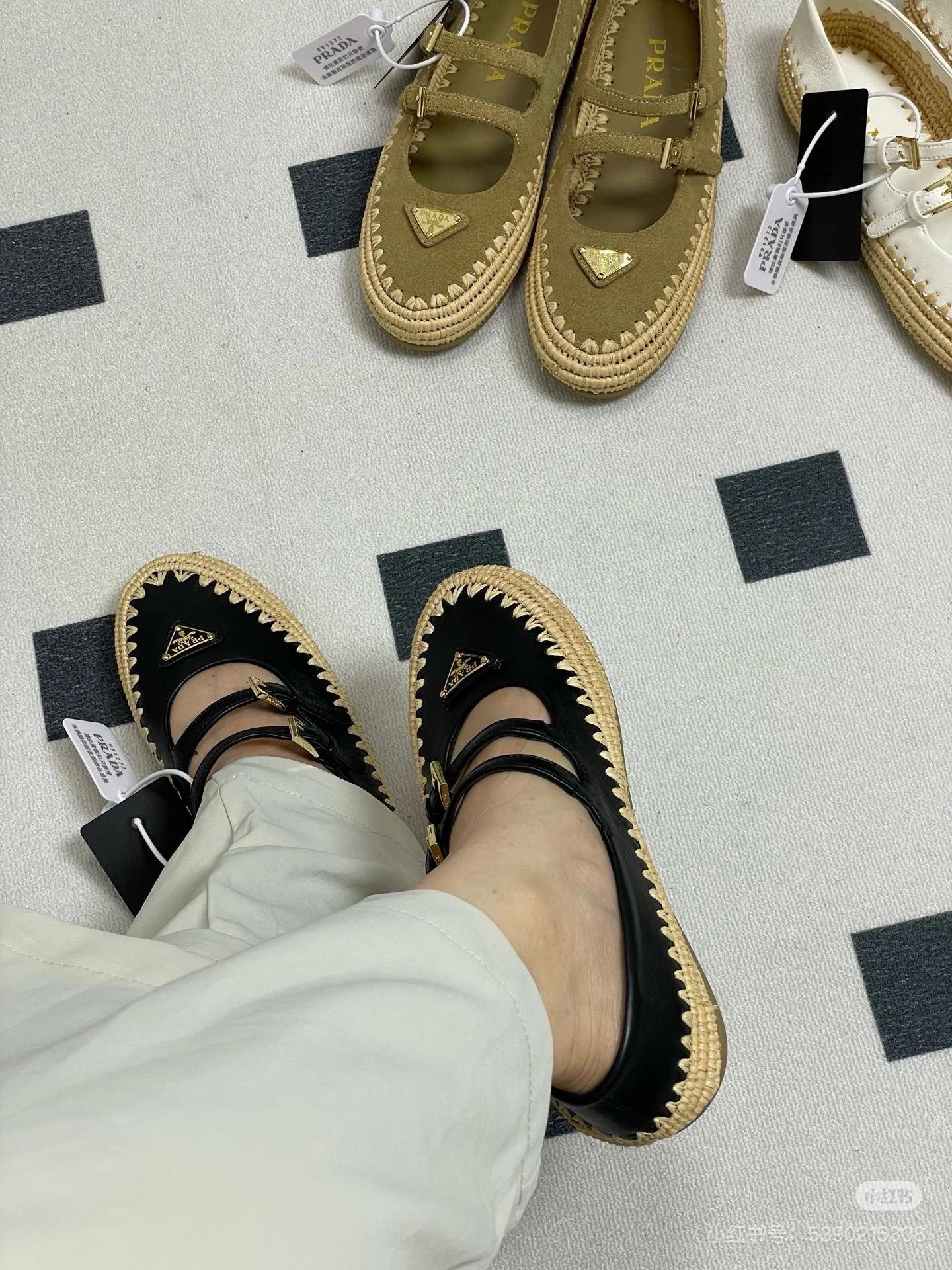 PRADA 25S 渡假風 拉菲草編織底拼接雙帶瑪麗珍涼鞋 35-40