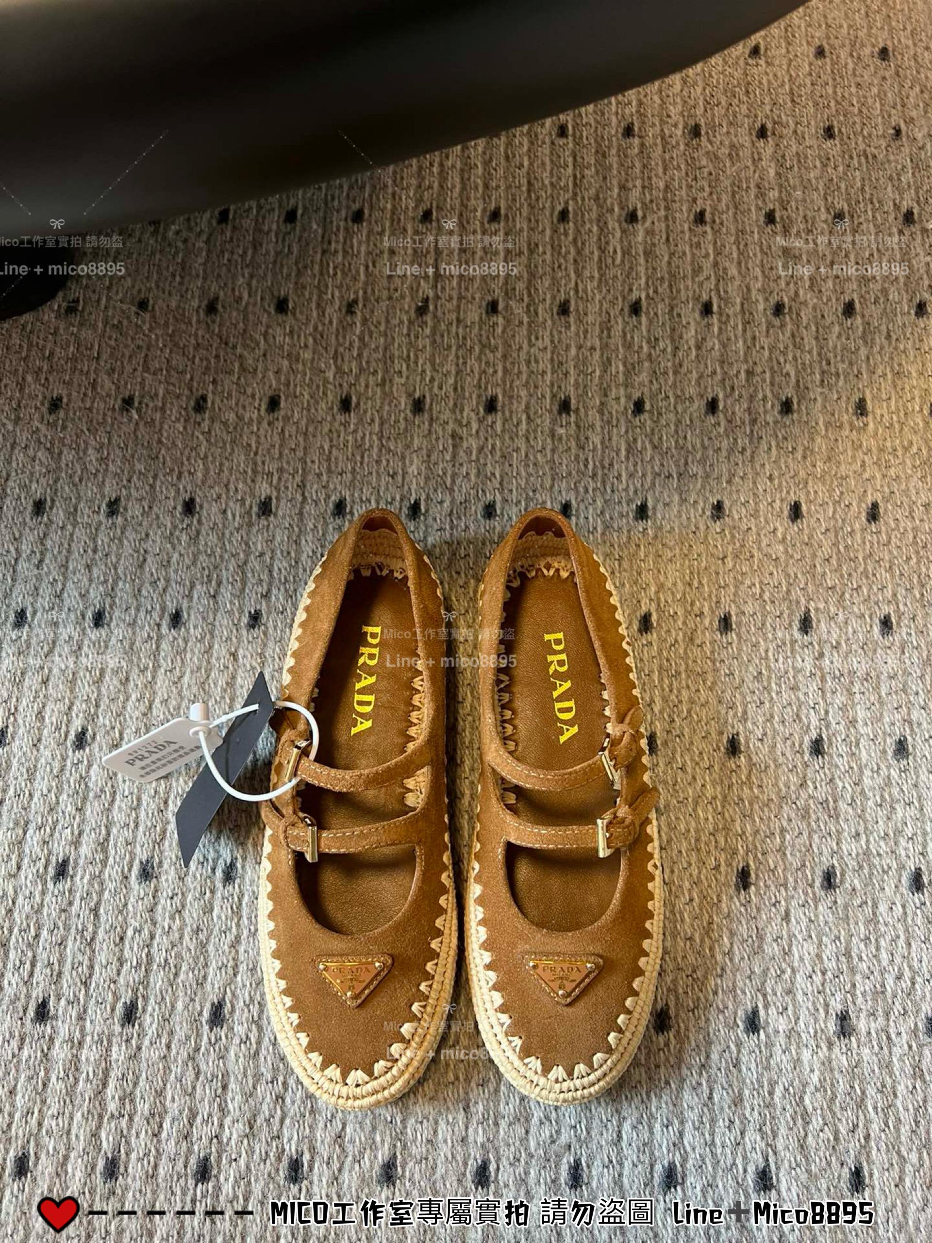 PRADA 25S 渡假風 拉菲草編織底拼接雙帶瑪麗珍涼鞋 35-40