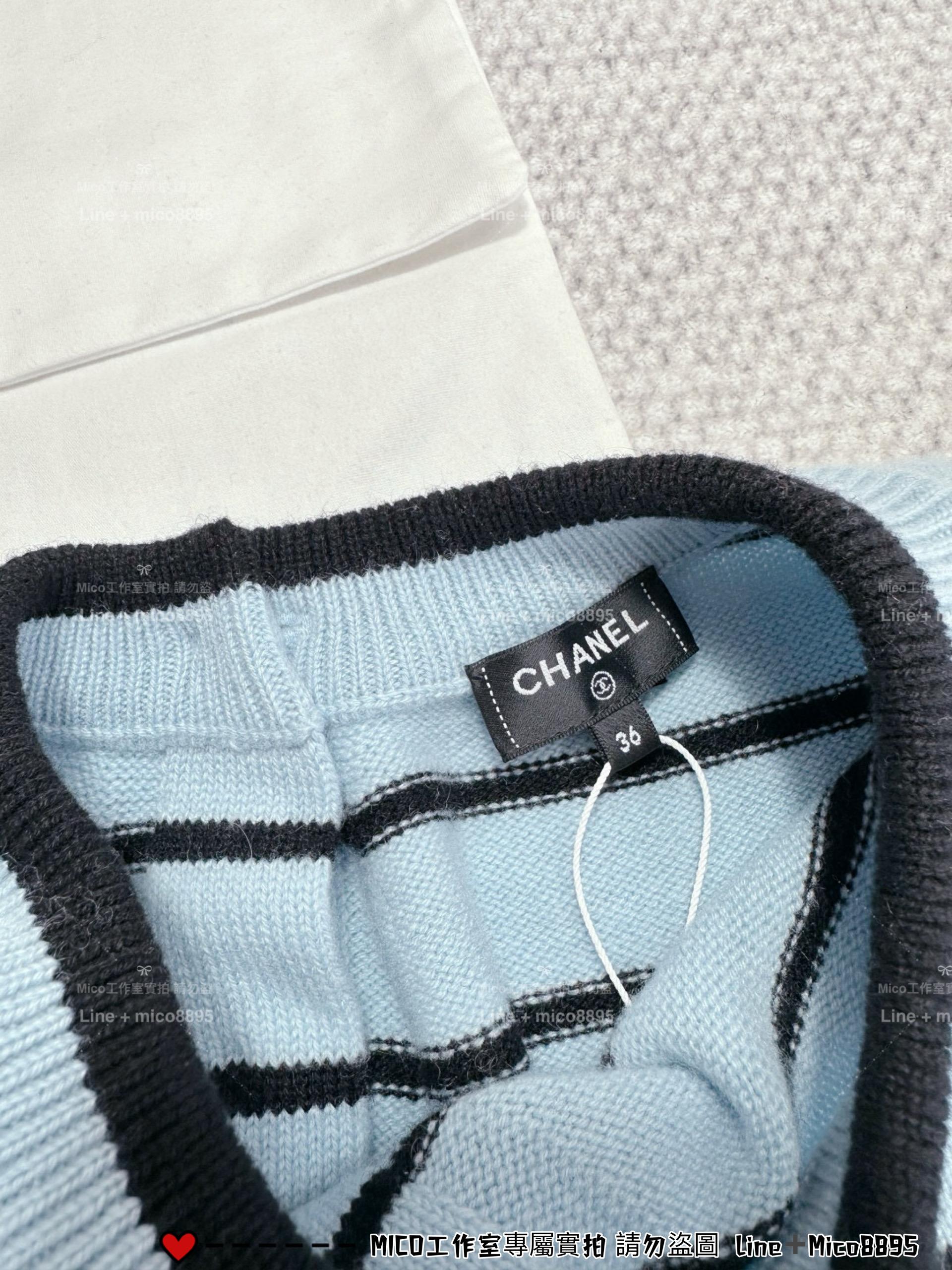 CHANEL | 25p 一字肩 水藍色羊絨條紋開衫 短版長袖針織外套