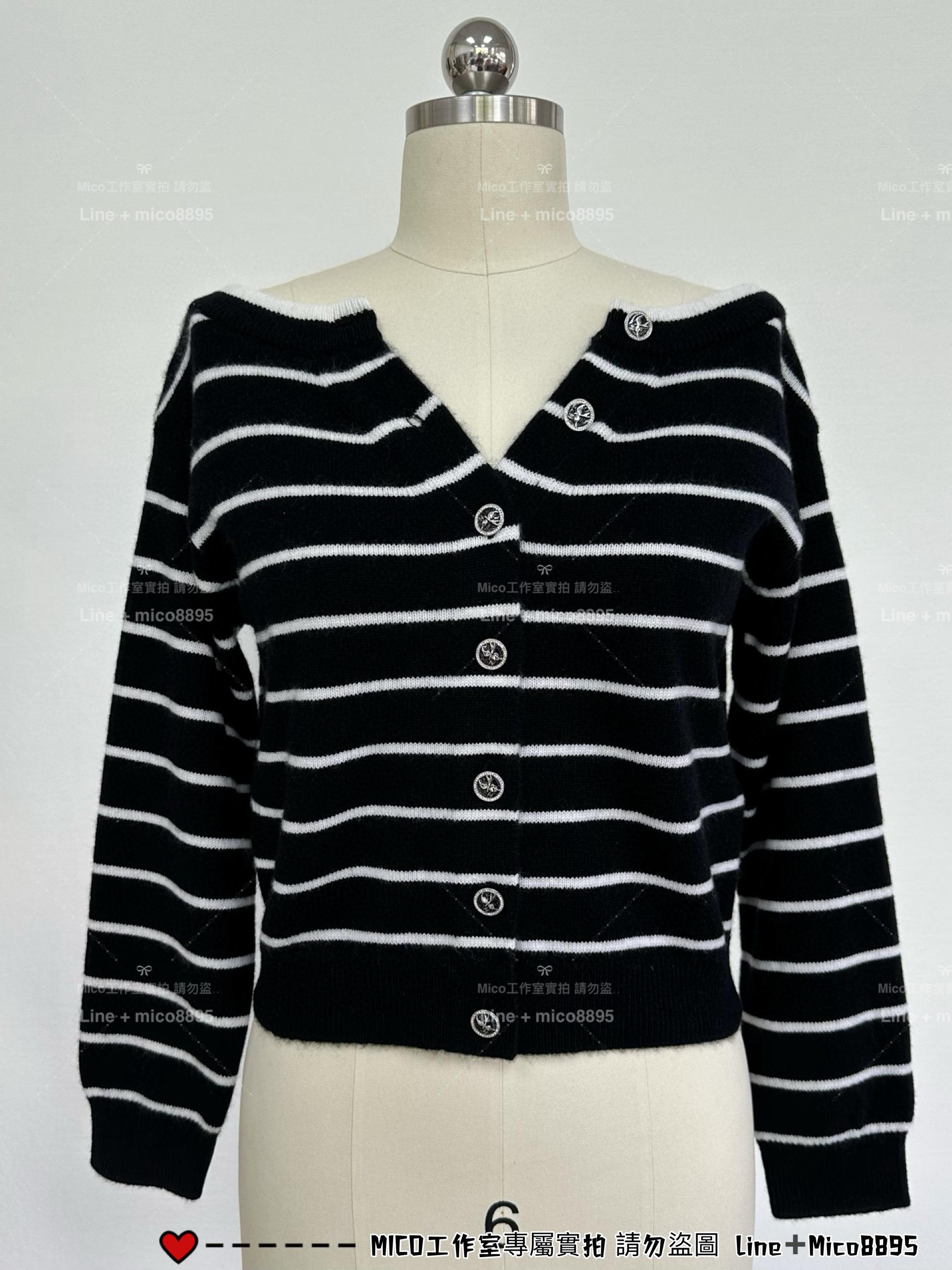 CHANEL | 25p 一字肩黑色羊絨條紋開衫 短版長袖針織外套