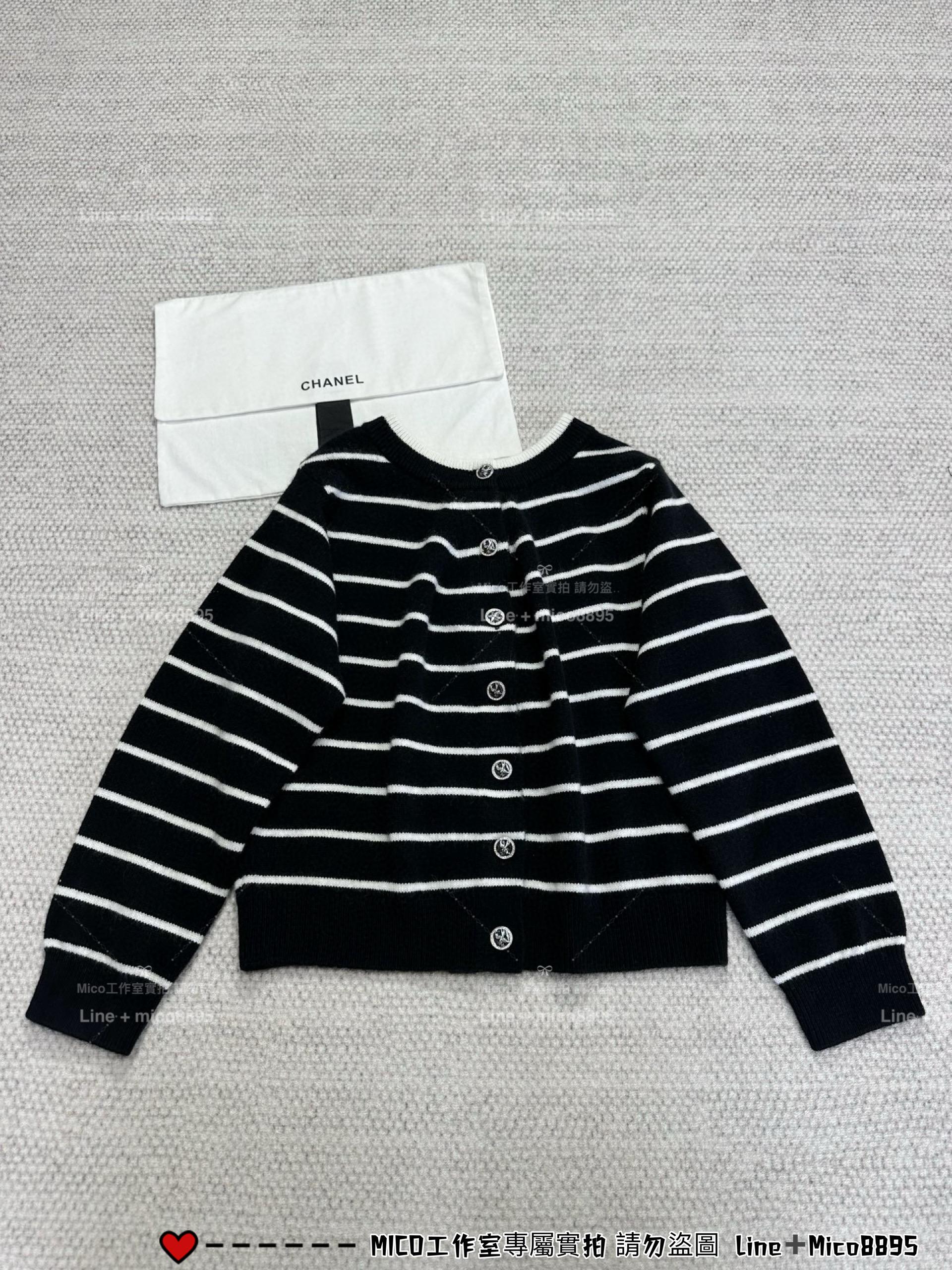 CHANEL | 25p 一字肩黑色羊絨條紋開衫 短版長袖針織外套