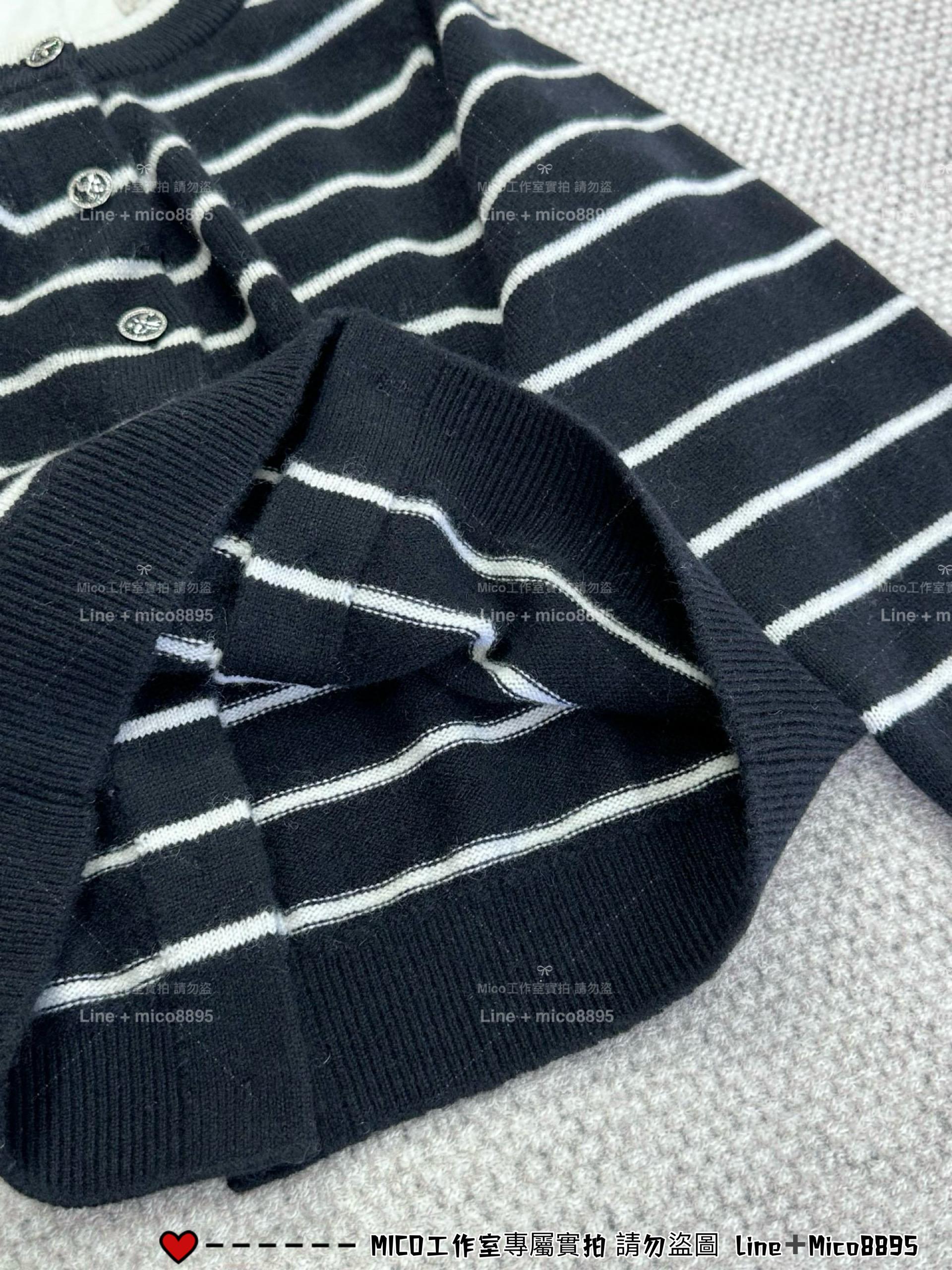 CHANEL | 25p 一字肩黑色羊絨條紋開衫 短版長袖針織外套