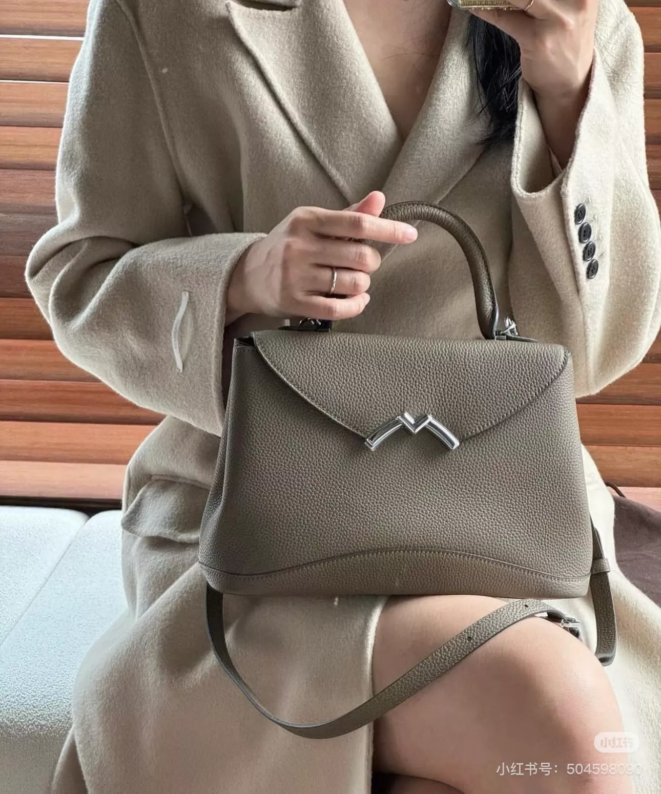 老錢風！莫奈/Moynat Gaby 斑鳩灰 法式慵懶手提包/肩背包 26cm