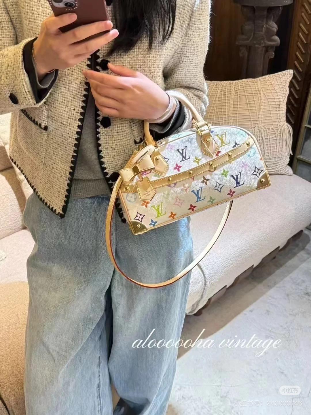 LV x 村上隆 聯名系列 白三彩保齡球包 手提包 可肩背 27cm