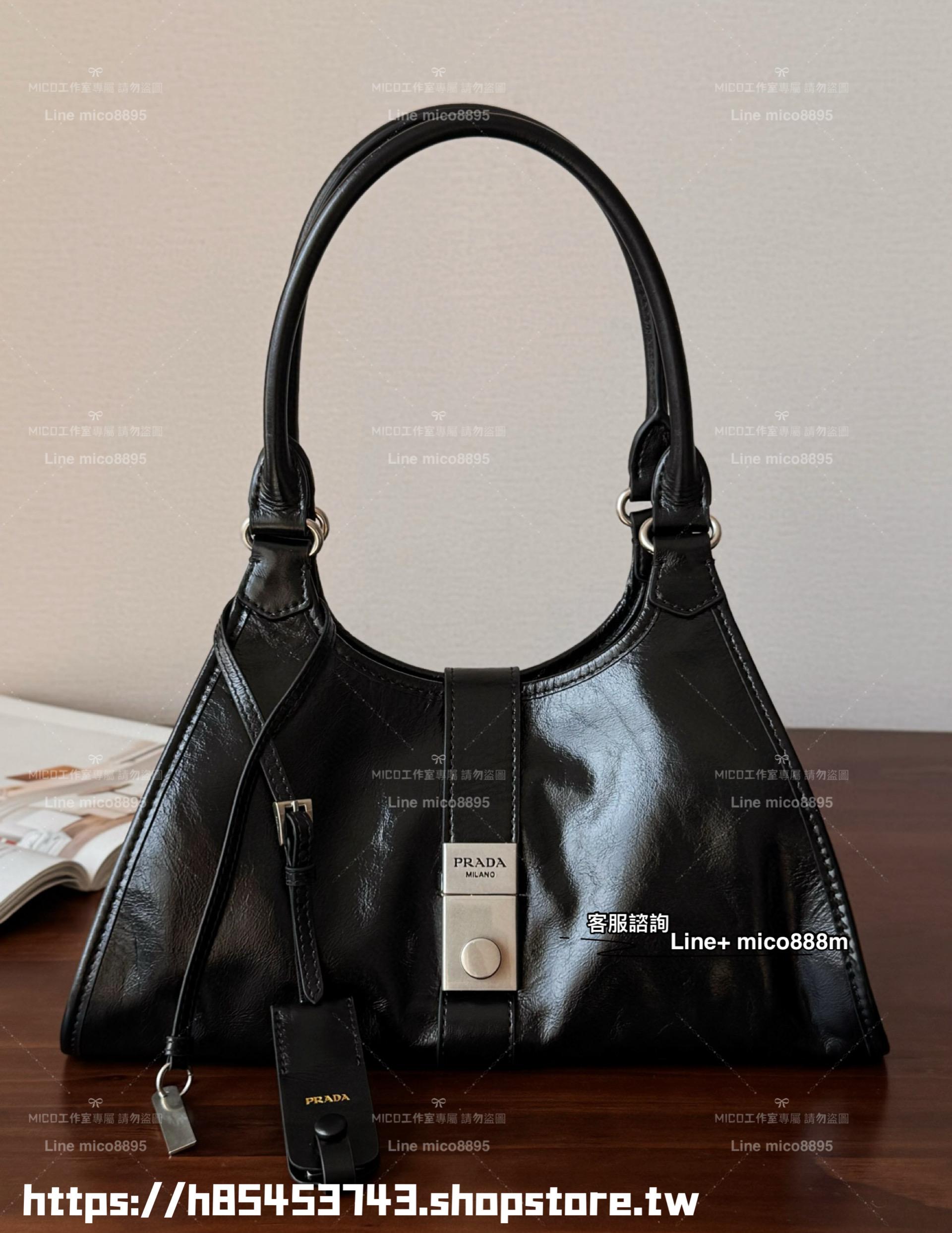 PRADA 25s 秀款 黑色/深棕色 鎖釦油蠟皮革手提肩背包 30cm