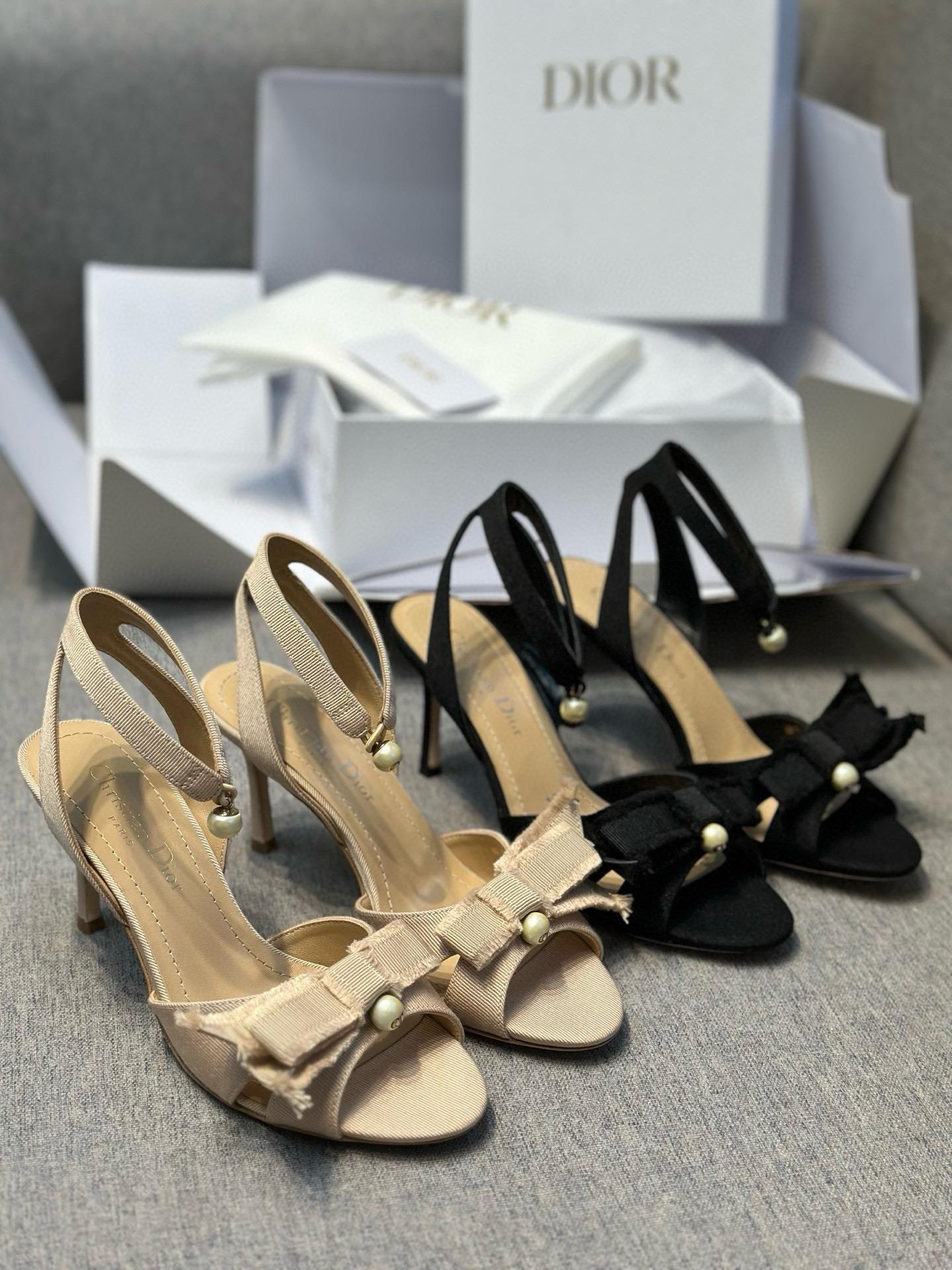 Dior CD 綢緞蝴蝶結珍珠女士高跟涼鞋 8cm 35-39