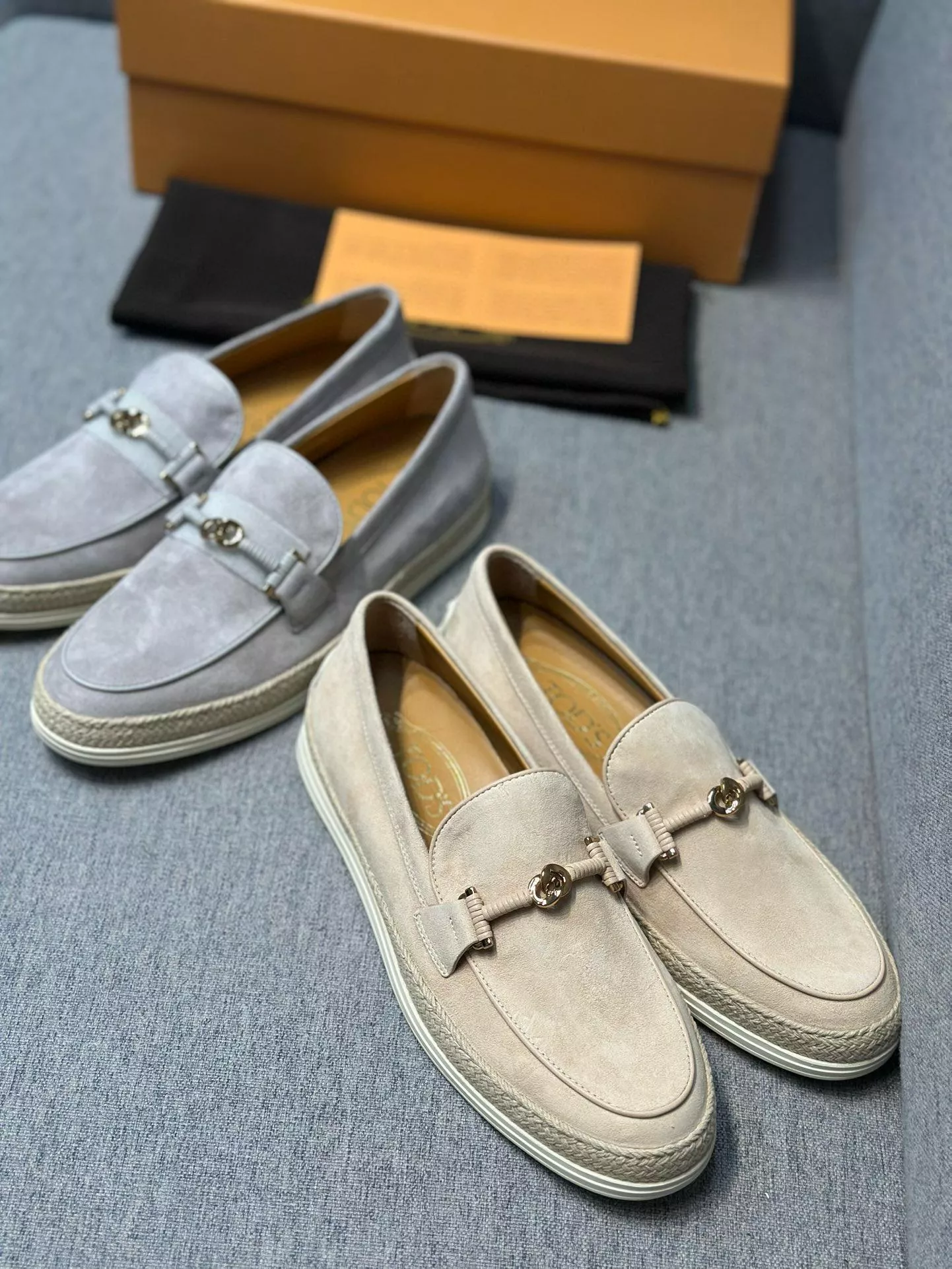 TODS 女士拉菲草反絨鞋面漁夫鞋 樂福鞋 35-39 灰色/米色