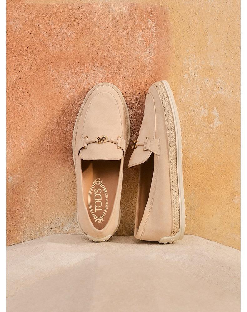 TODS 女士拉菲草反絨鞋面漁夫鞋 樂福鞋 35-39 灰色/米色