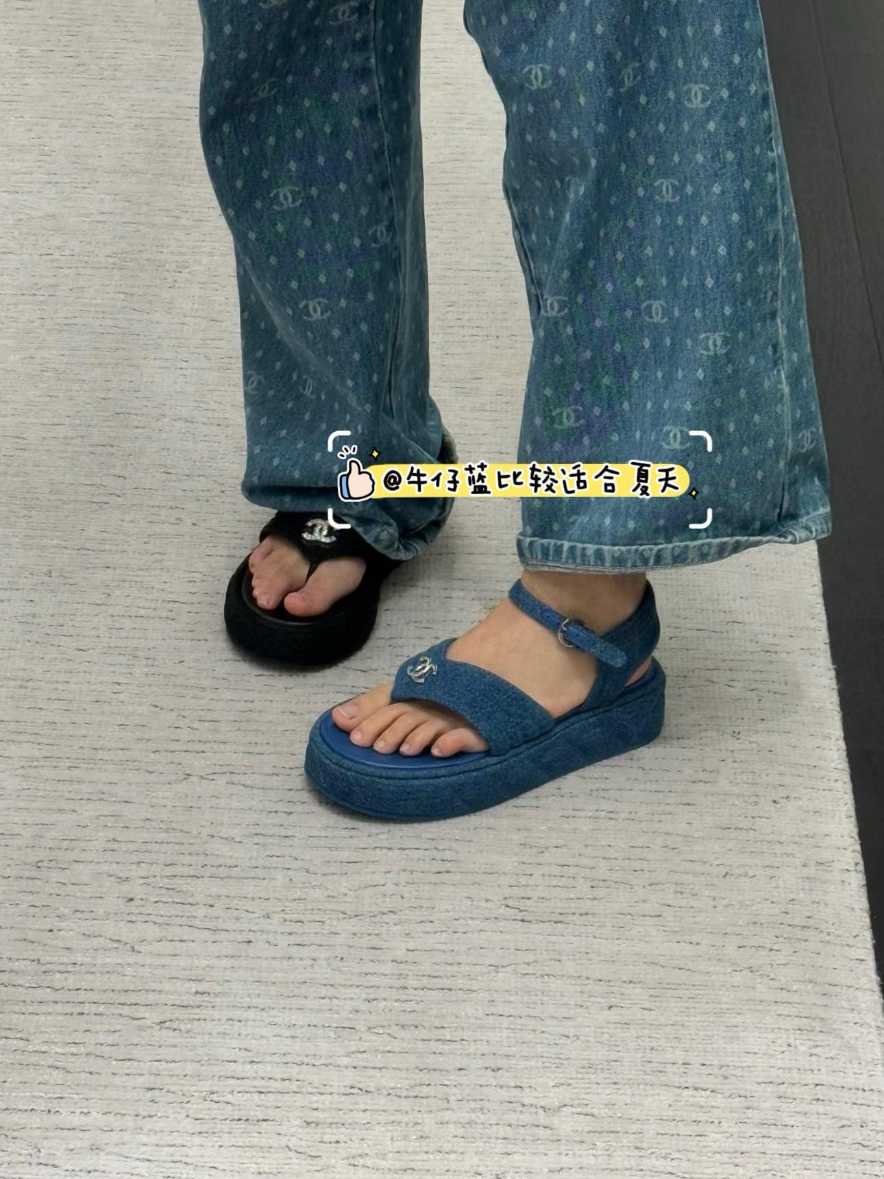 Chanel 25C 小香度假系列 牛仔夾腳涼鞋 厚底涼鞋 底厚4.5cm 35-40