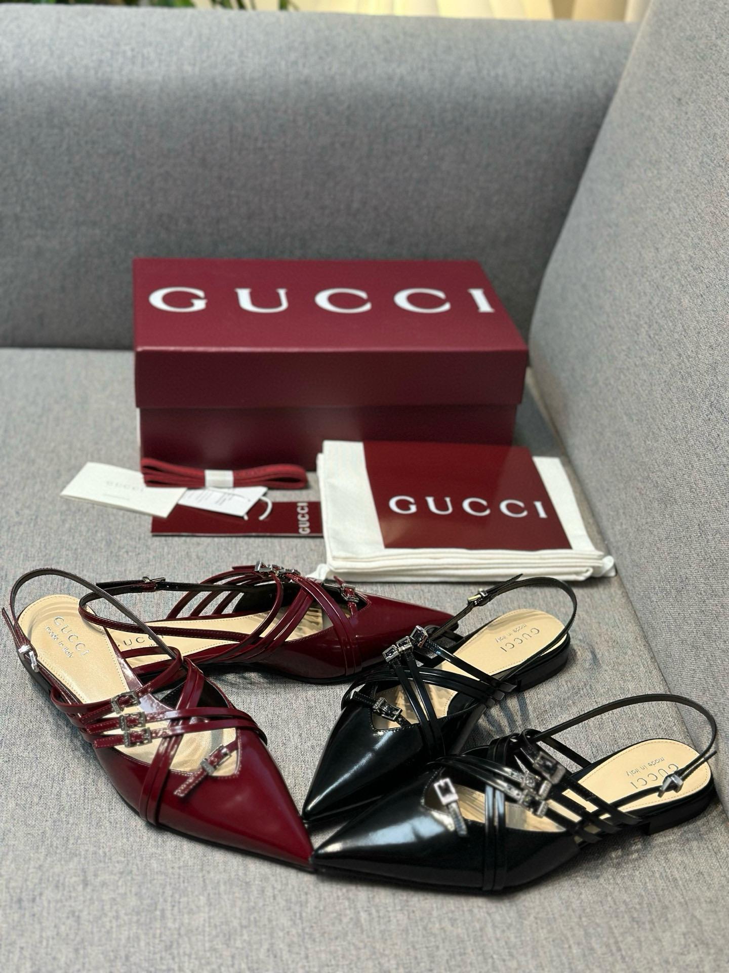 GUCCI 女士尖頭瑪麗珍芭蕾舞鞋 後空尖頭設計 亮面牛皮 35-40