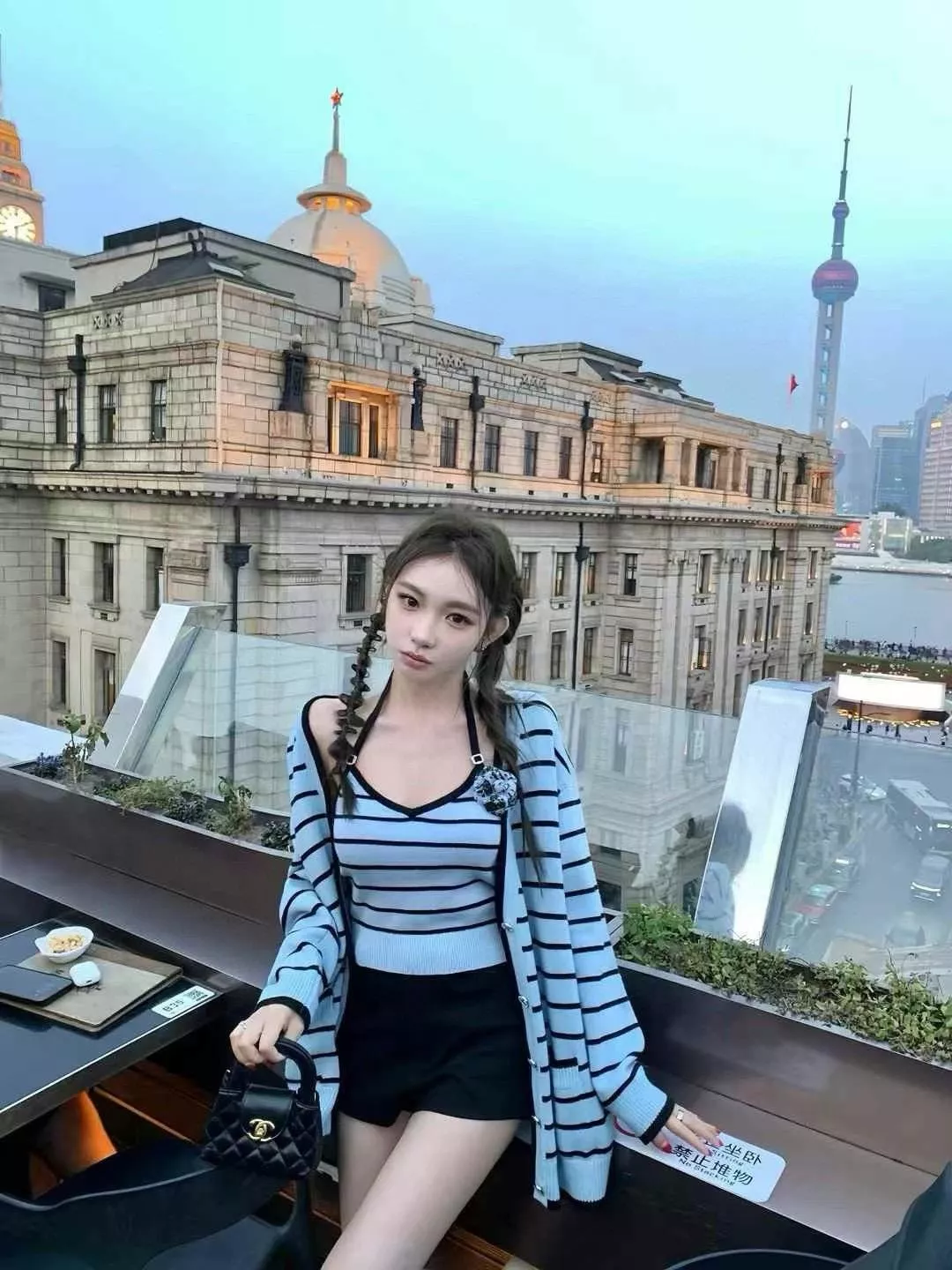 CHANEL | 25p 寶寶藍 條紋羊絨長版開衫 長版外套