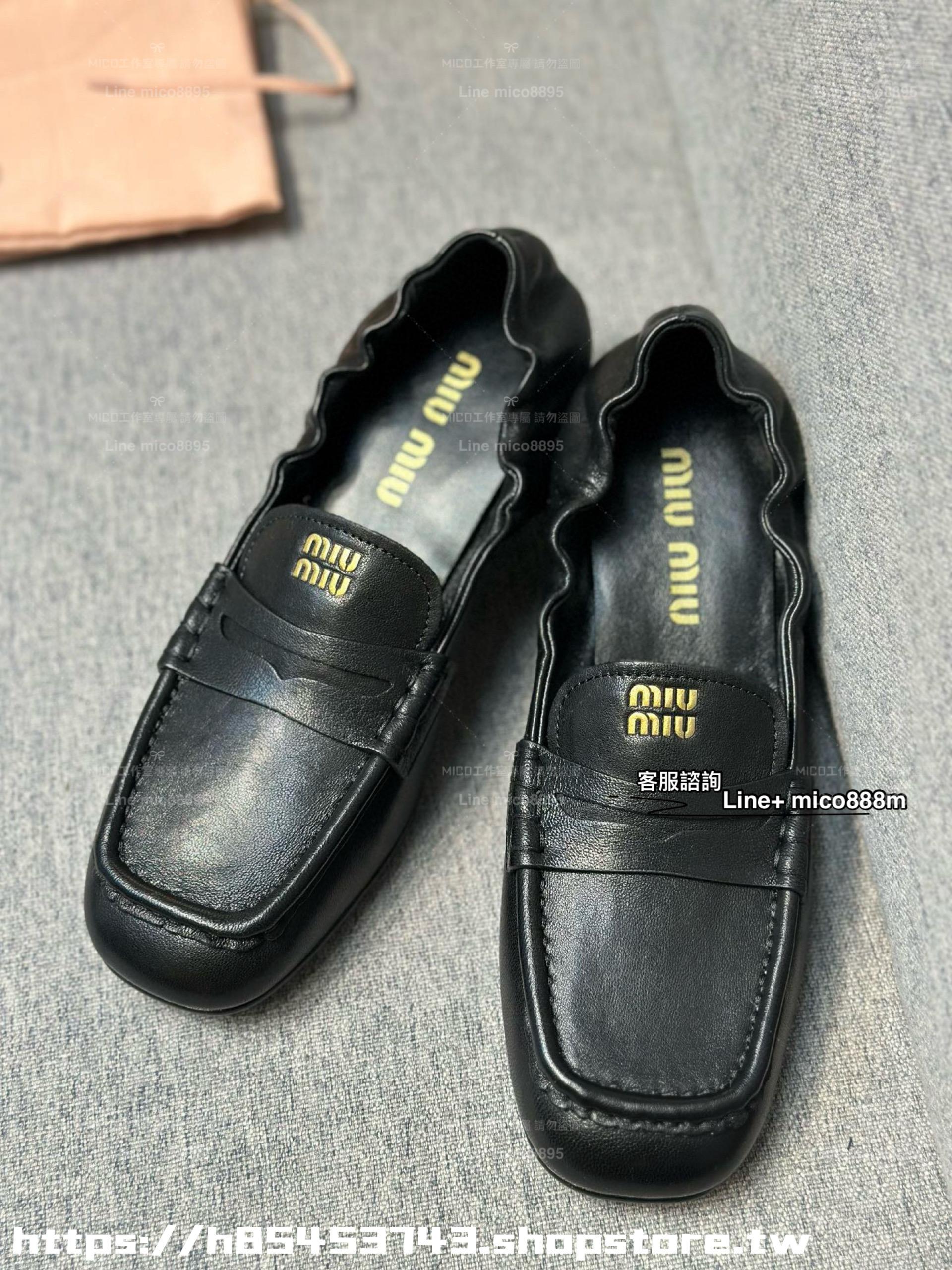 Miu 25s 復古學院風格Nappa羊皮抽褶粗跟樂福鞋 4.5cm 黑色/棕色 35-39 