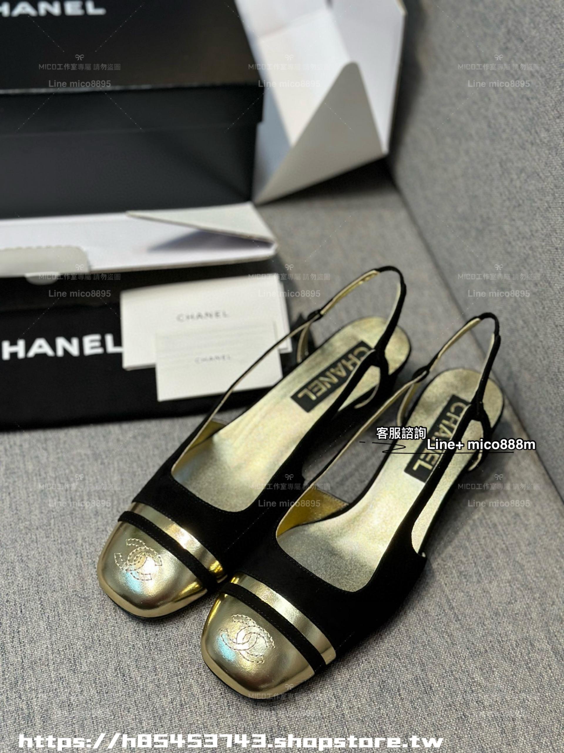 Chanel 24C 微方頭 黑金配色女士粗跟後空涼鞋 4cm 35-40 