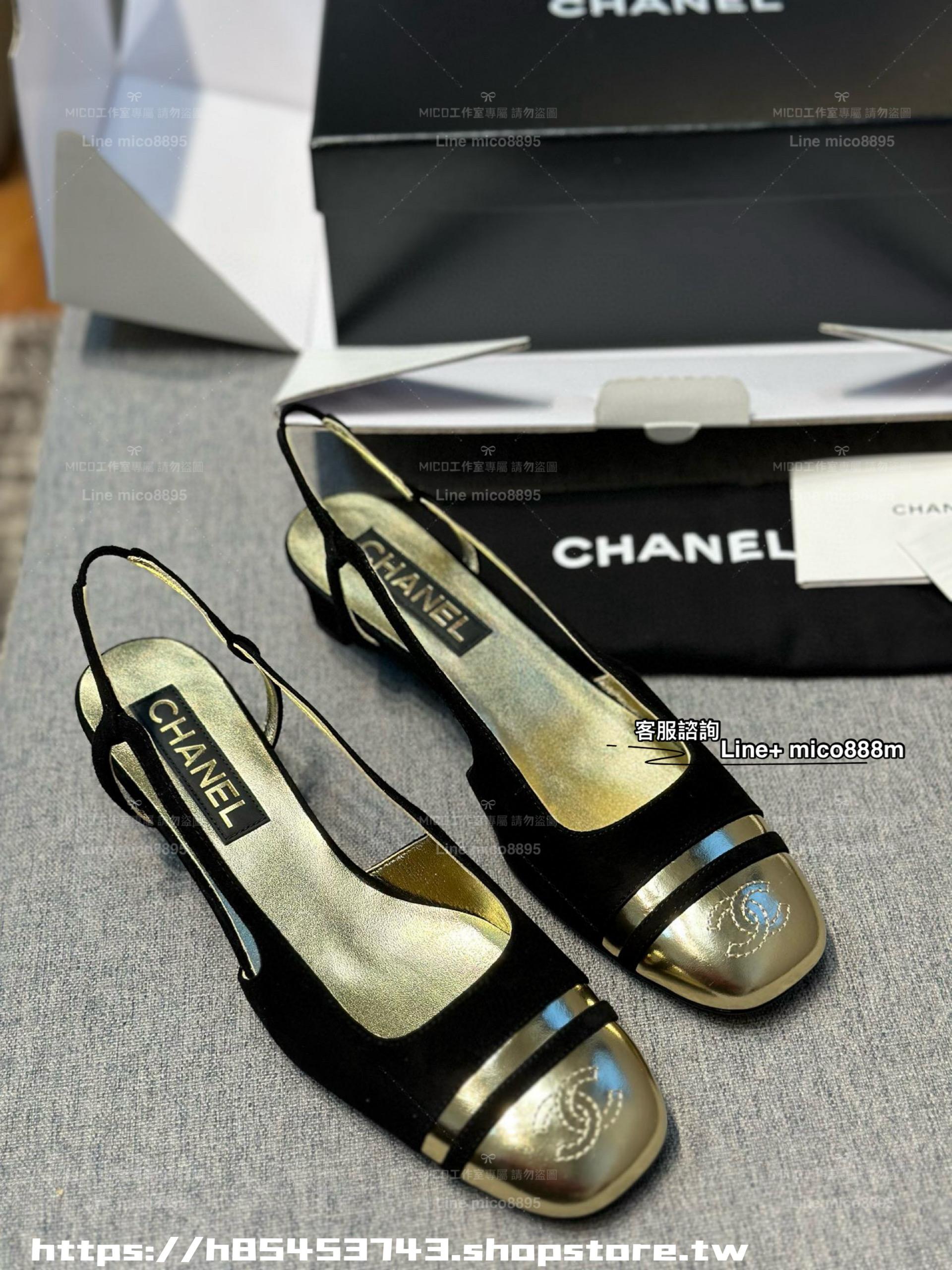Chanel 24C 微方頭 黑金配色女士粗跟後空涼鞋 4cm 35-40 