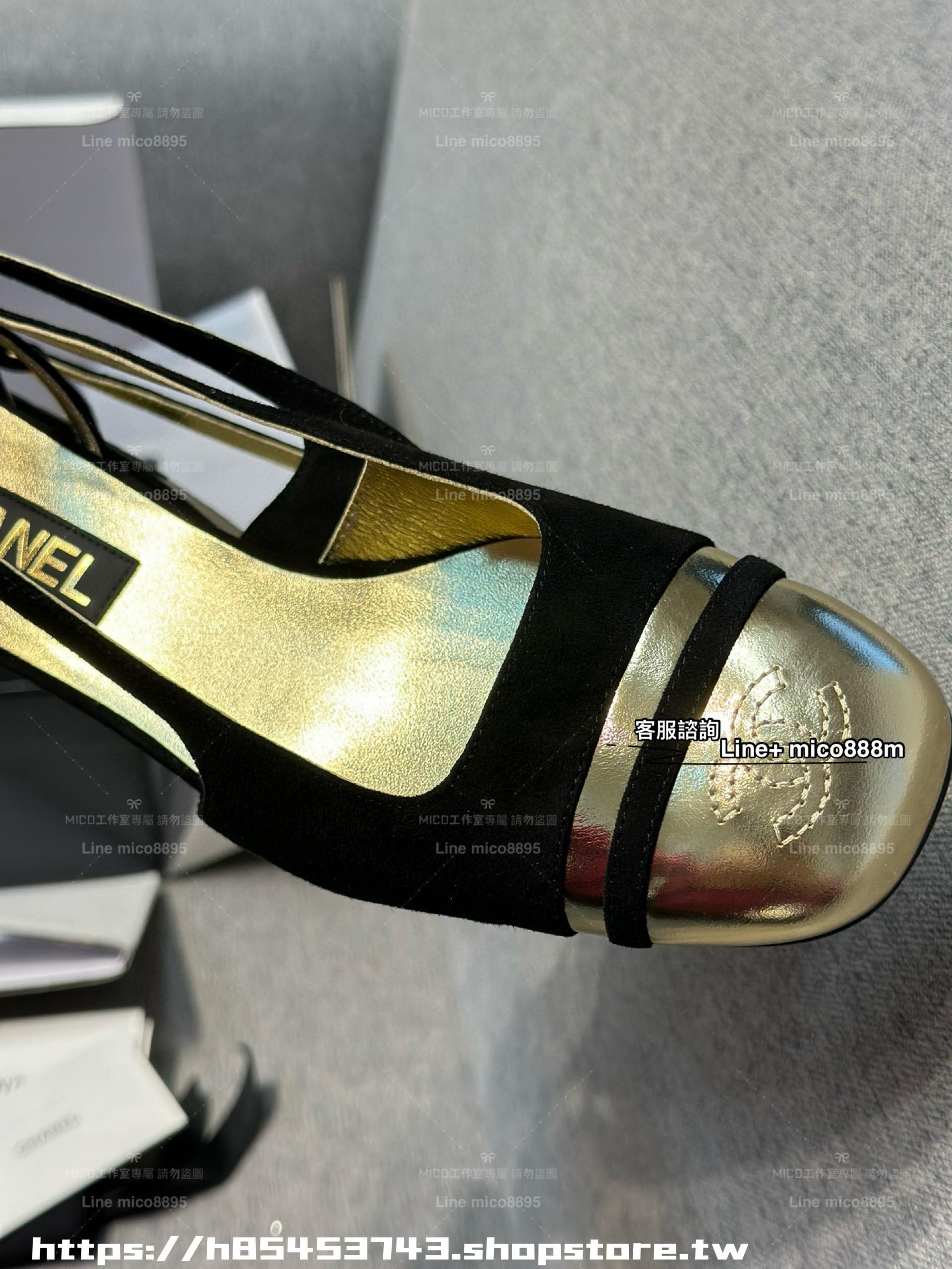 Chanel 24C 微方頭 黑金配色女士粗跟後空涼鞋 4cm 35-40 