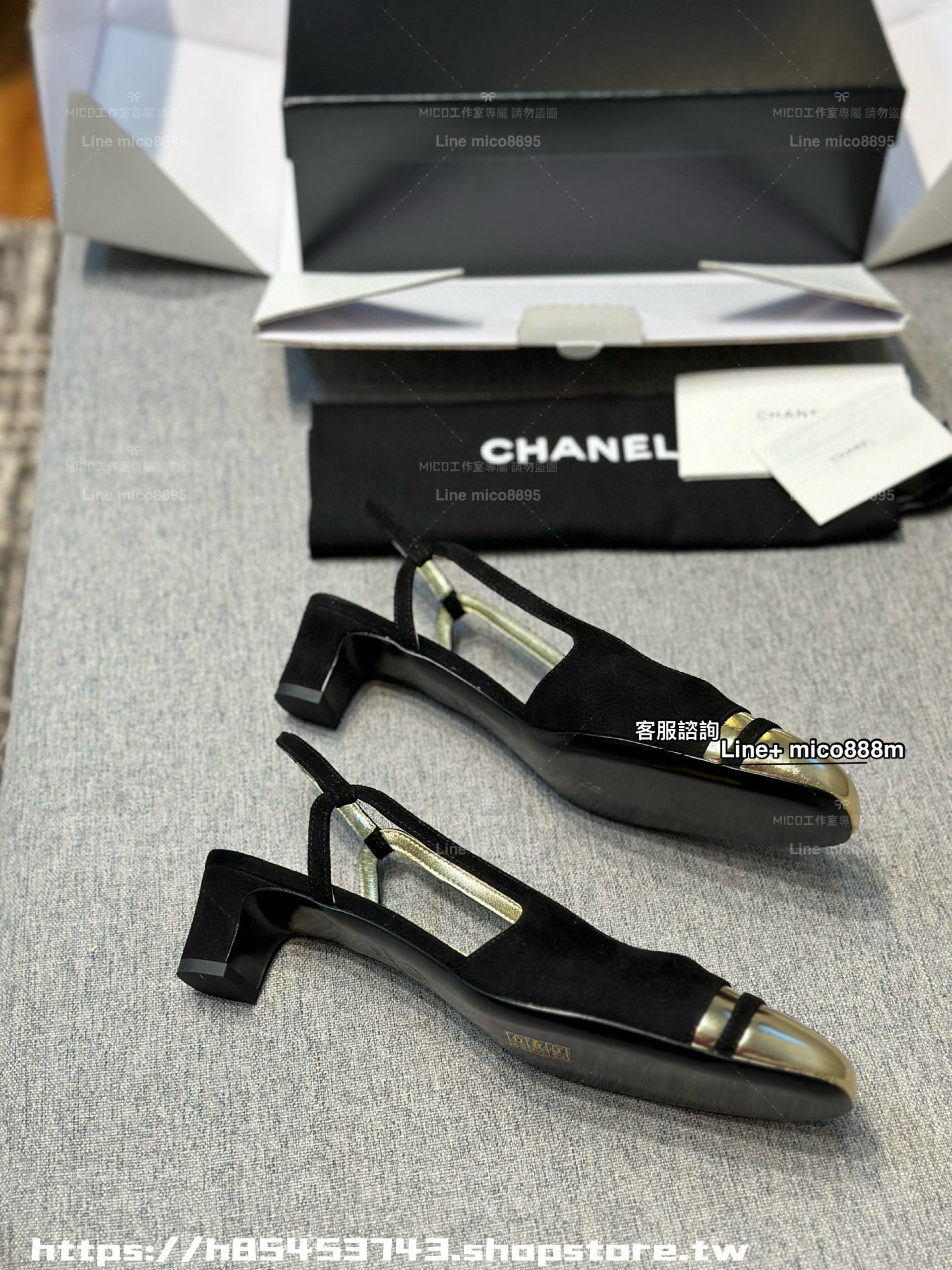 Chanel 24C 微方頭 黑金配色女士粗跟後空涼鞋 4cm 35-40 