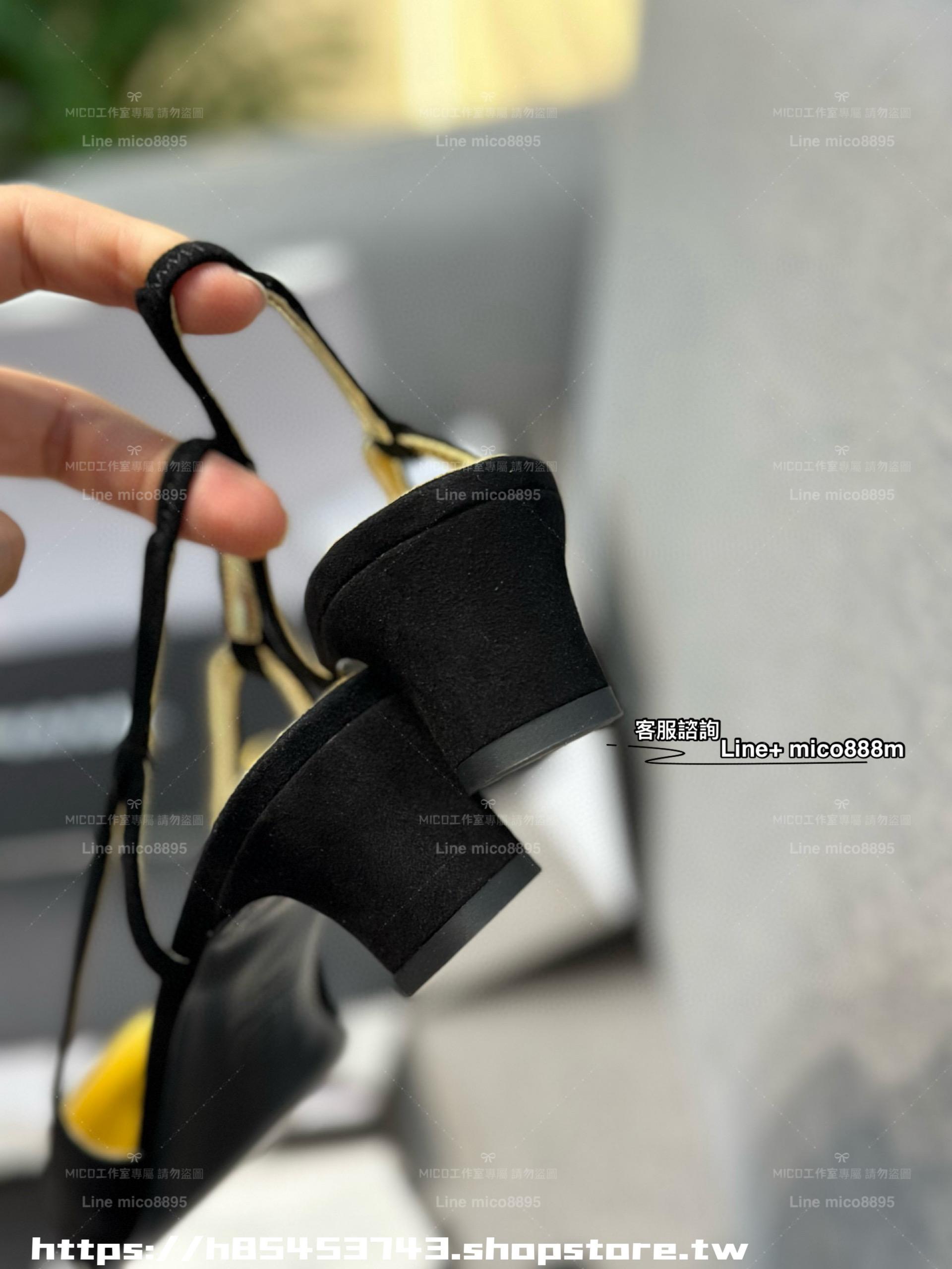 Chanel 24C 微方頭 黑金配色女士粗跟後空涼鞋 4cm 35-40 