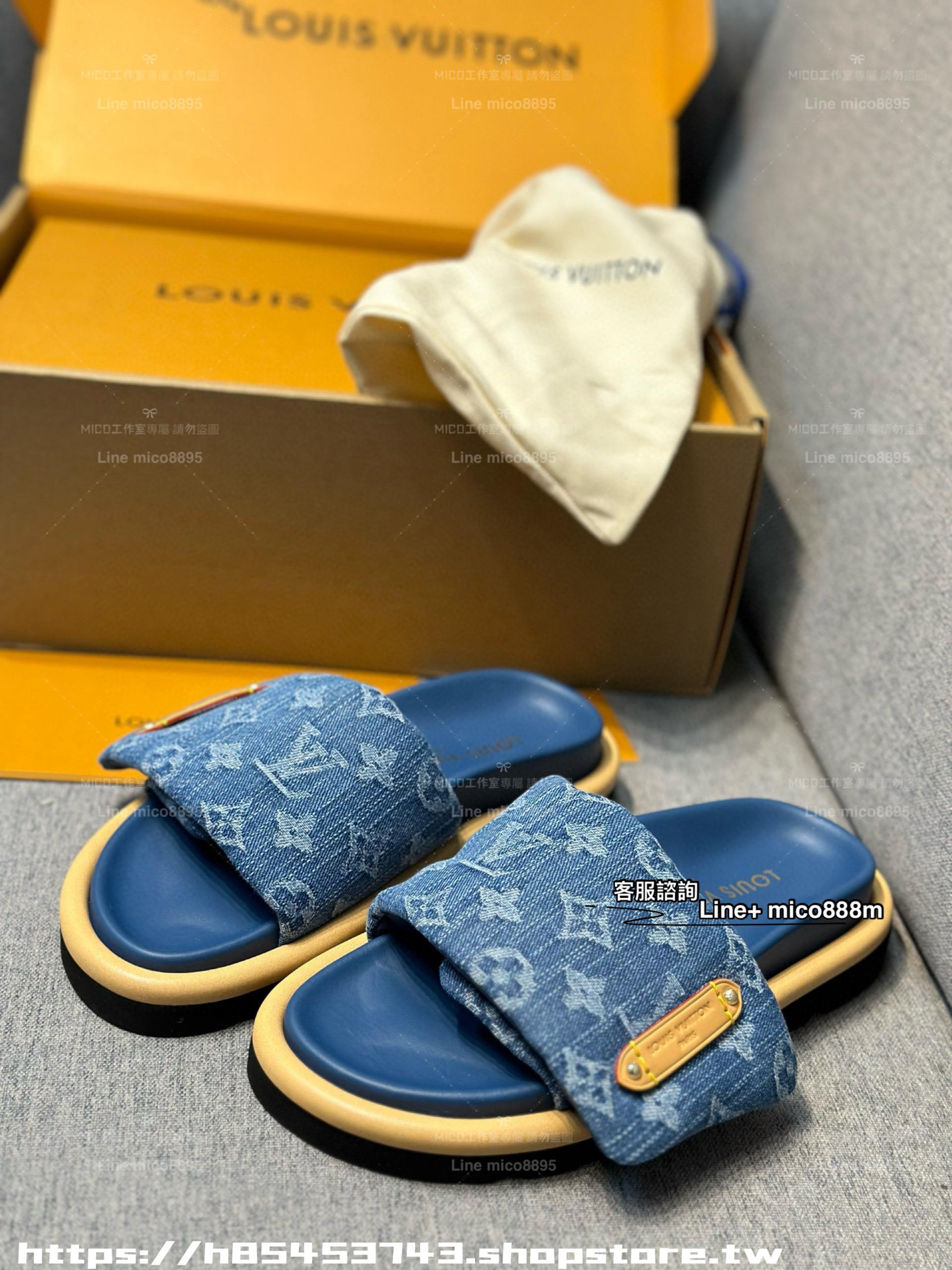 LV 牛仔老花魔術貼女士夏季拖鞋 平底涼拖  Pool Pillow comfort 拖鞋