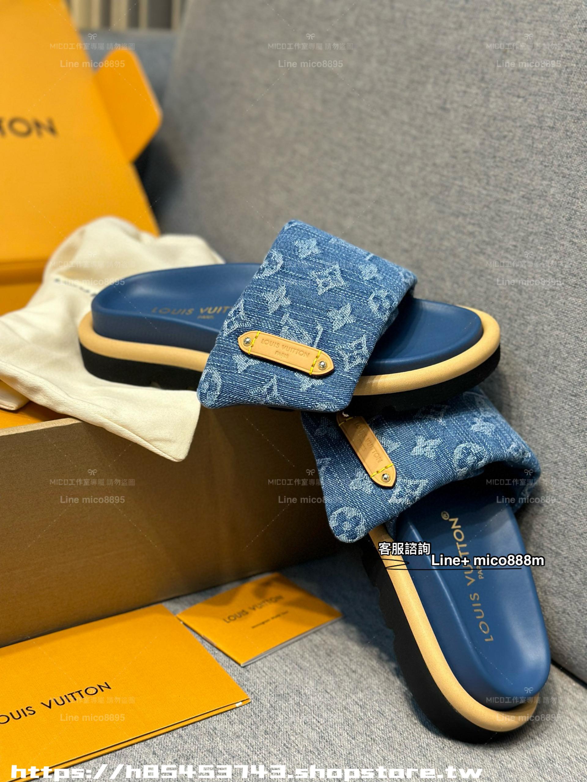 LV 牛仔老花魔術貼女士夏季拖鞋 平底涼拖  Pool Pillow comfort 拖鞋