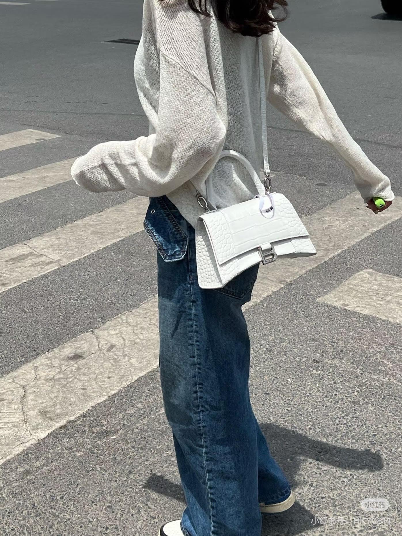 Balenciaga 巴黎世家 S號 鱷魚紋白色/銀釦 Hourglass 沙漏包 23cm