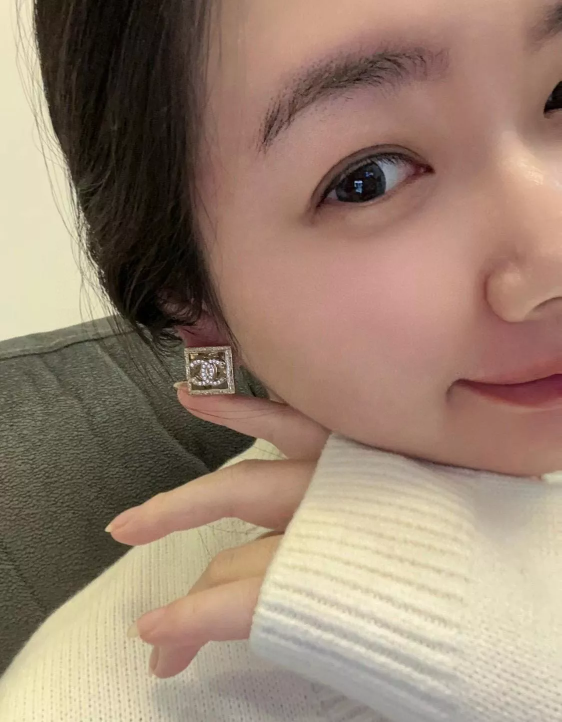 CHANEL 淡金色雙c熔岩方塊耳釘 同系列項鏈/Choker