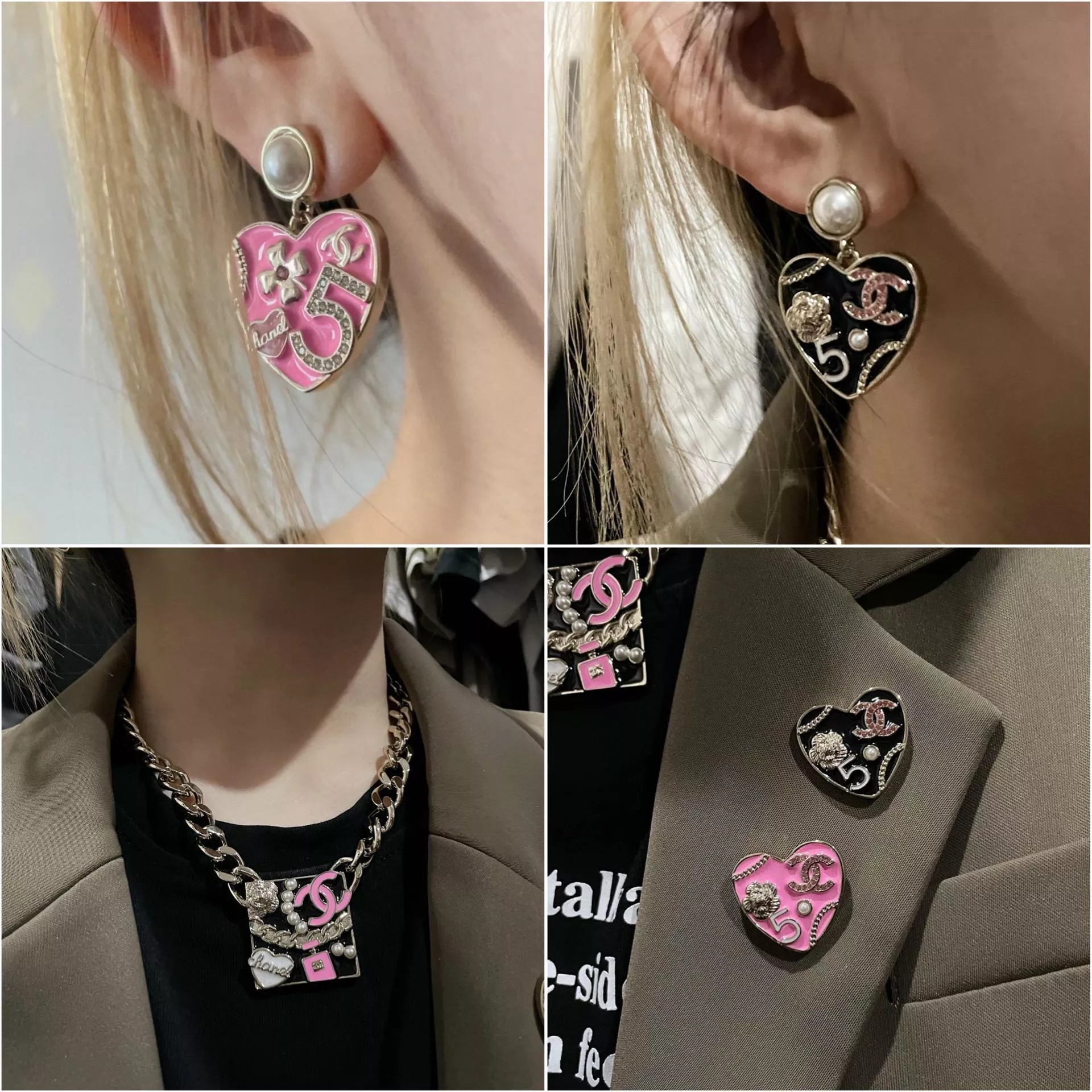 CHANEL 芭比粉琺瑯鑲鑽桃心胸針/項鏈/耳環