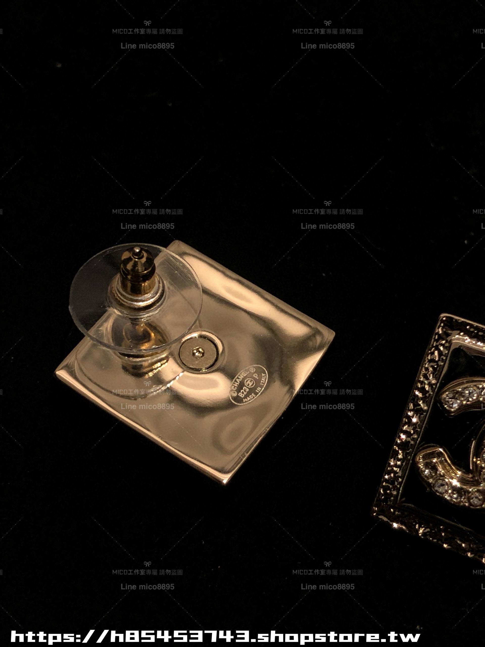 CHANEL 淡金色雙c熔岩方塊耳釘 同系列項鏈/Choker