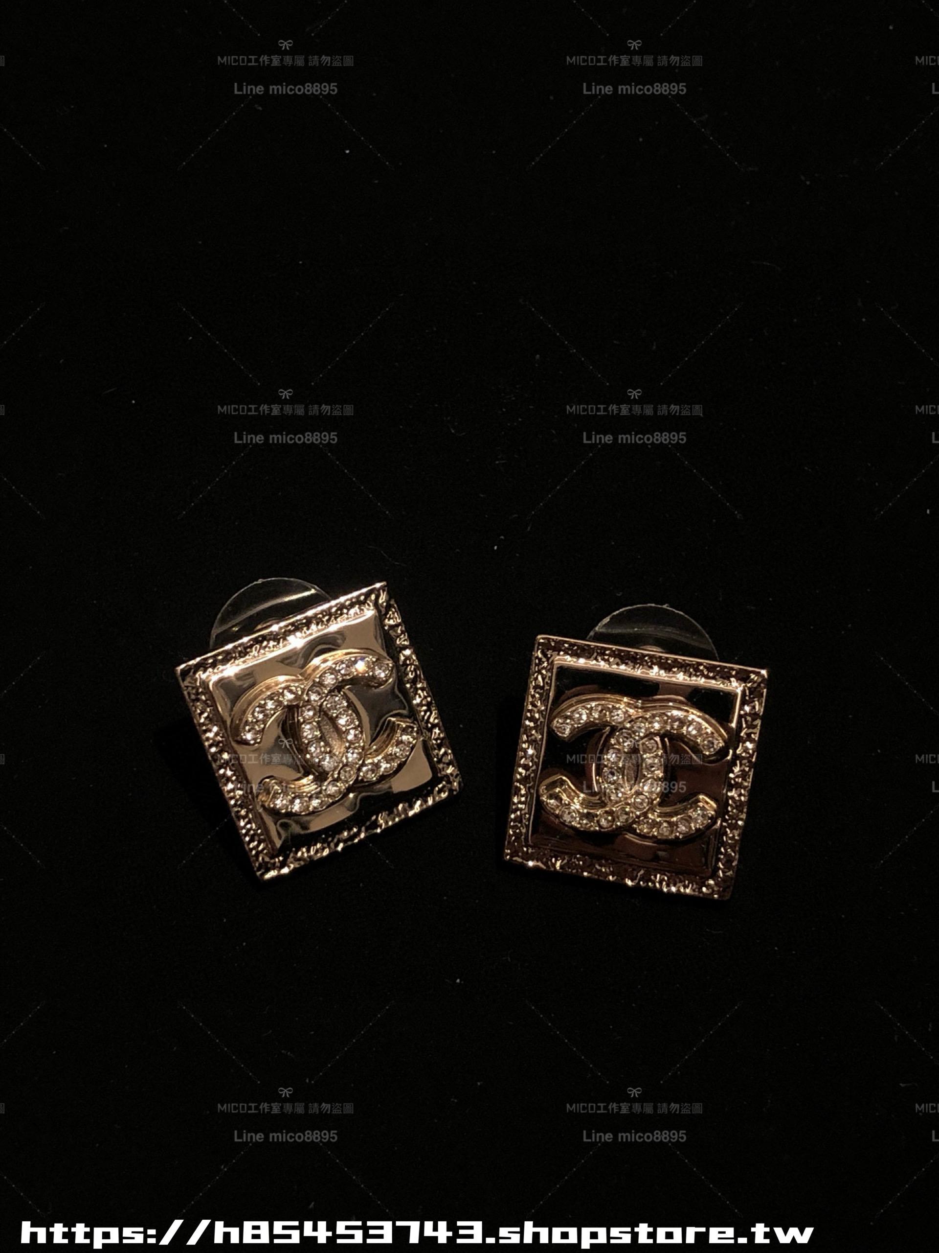 CHANEL 淡金色雙c熔岩方塊耳釘 同系列項鏈/Choker