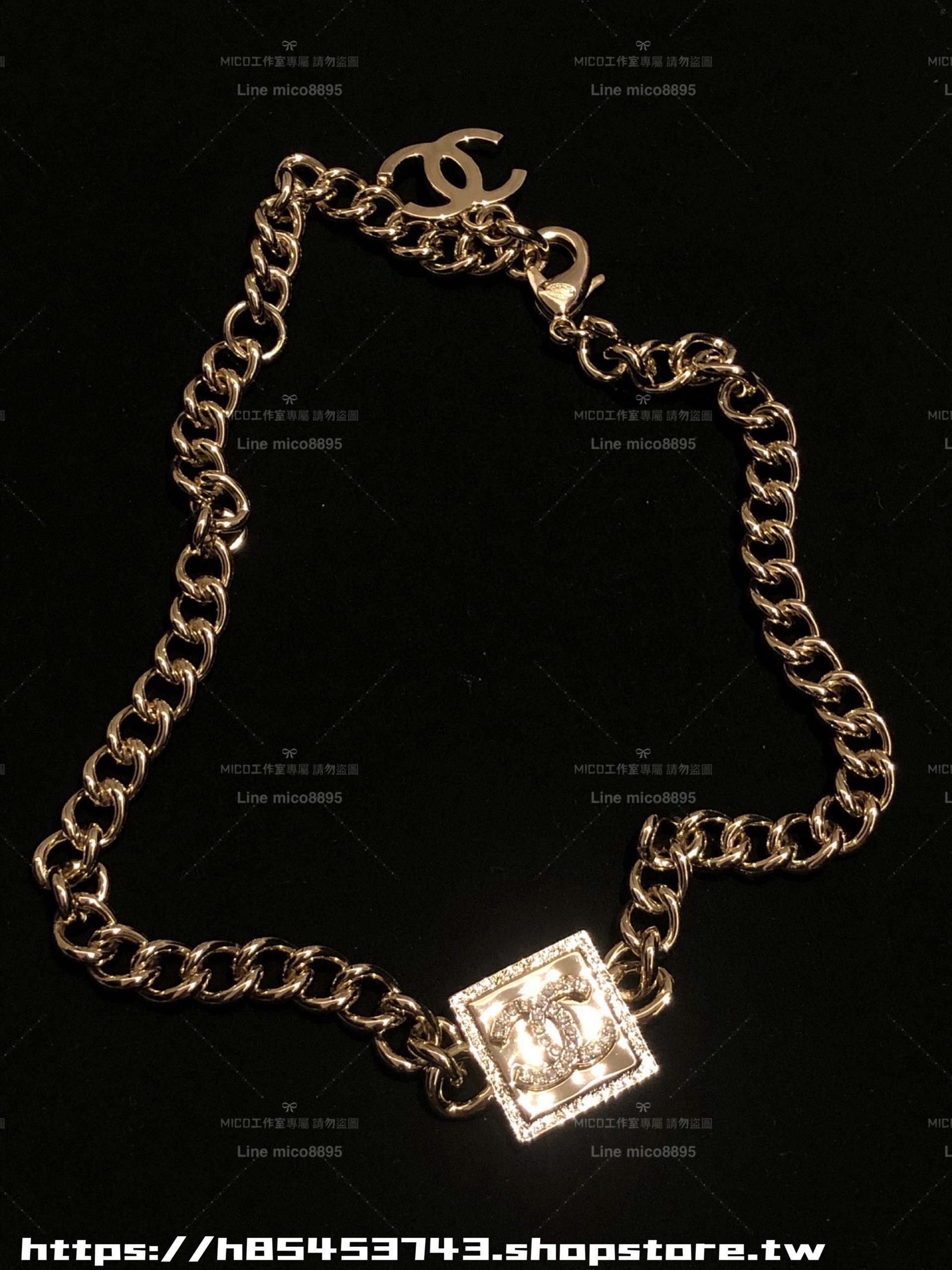 CHANEL 淡金色雙c熔岩方塊耳釘 同系列項鏈/Choker