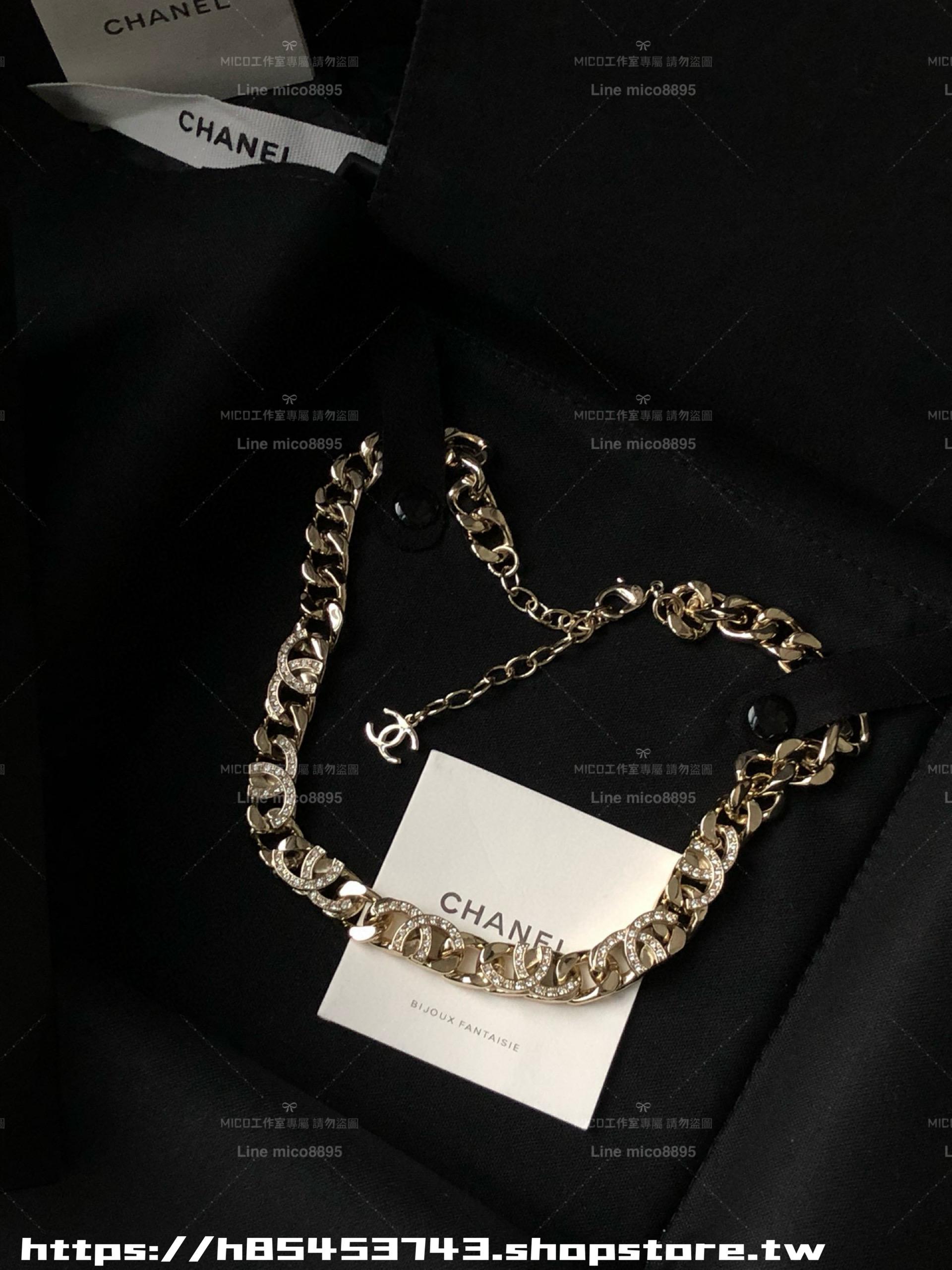 CHANEL 淡金色雙c立體半鑽項鍊 頸鏈Choker
