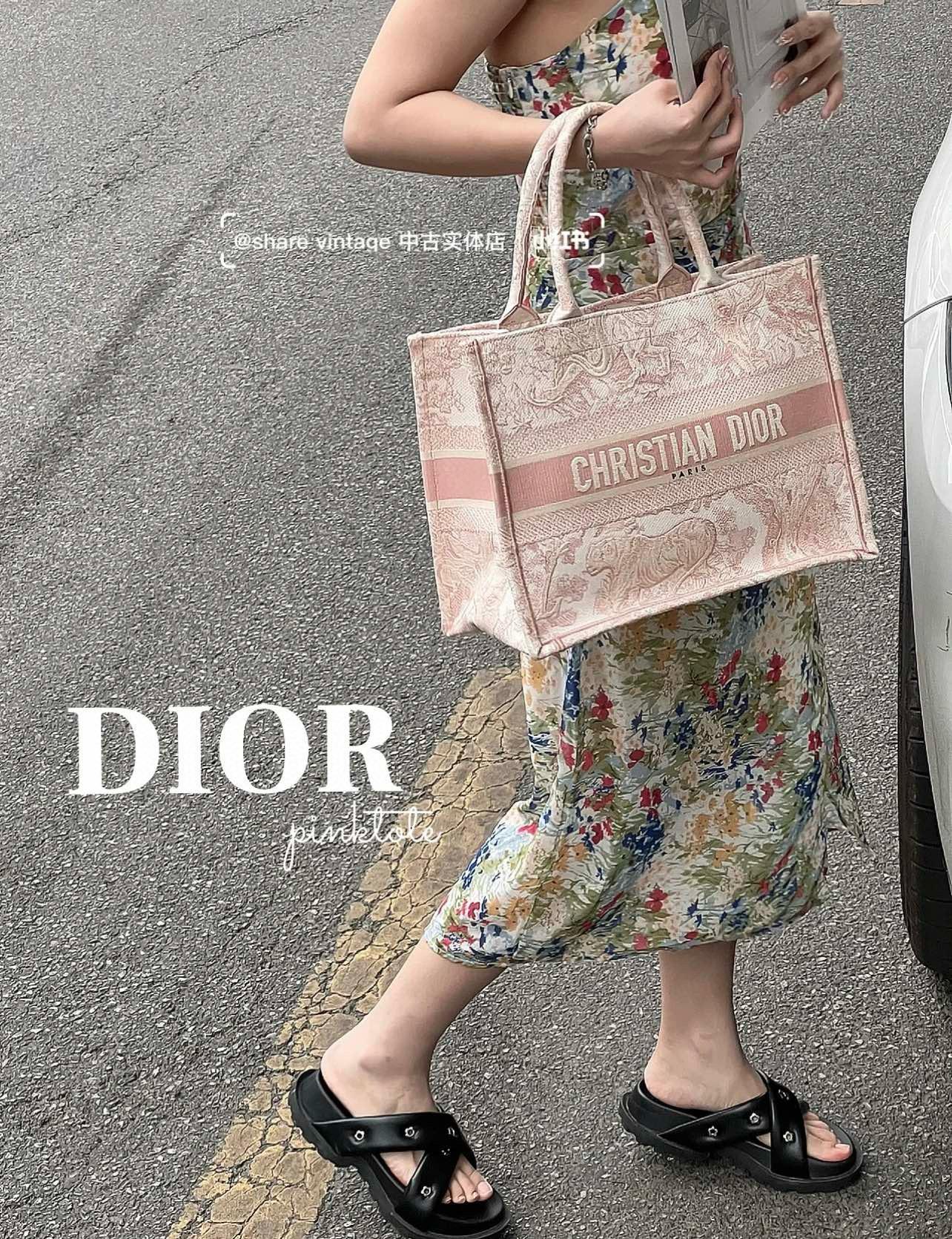 DIOR 經典 中號 動物園系列 粉色老虎刺繡 Book Tote 手提托特包/購物袋 36cm