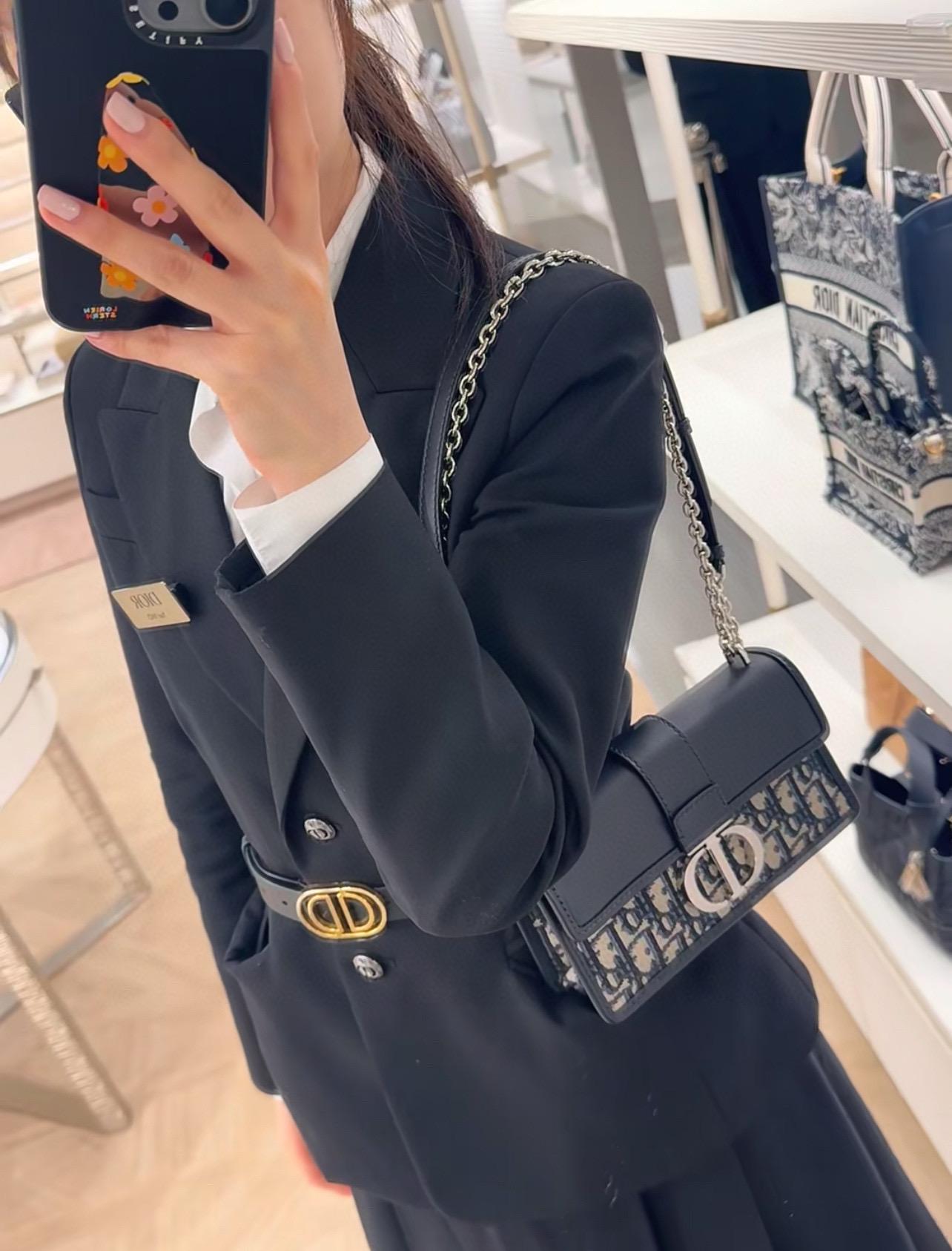 DIOR 小號 21cm 老花拼皮/銀釦 30蒙田 Montaigne鏈條包