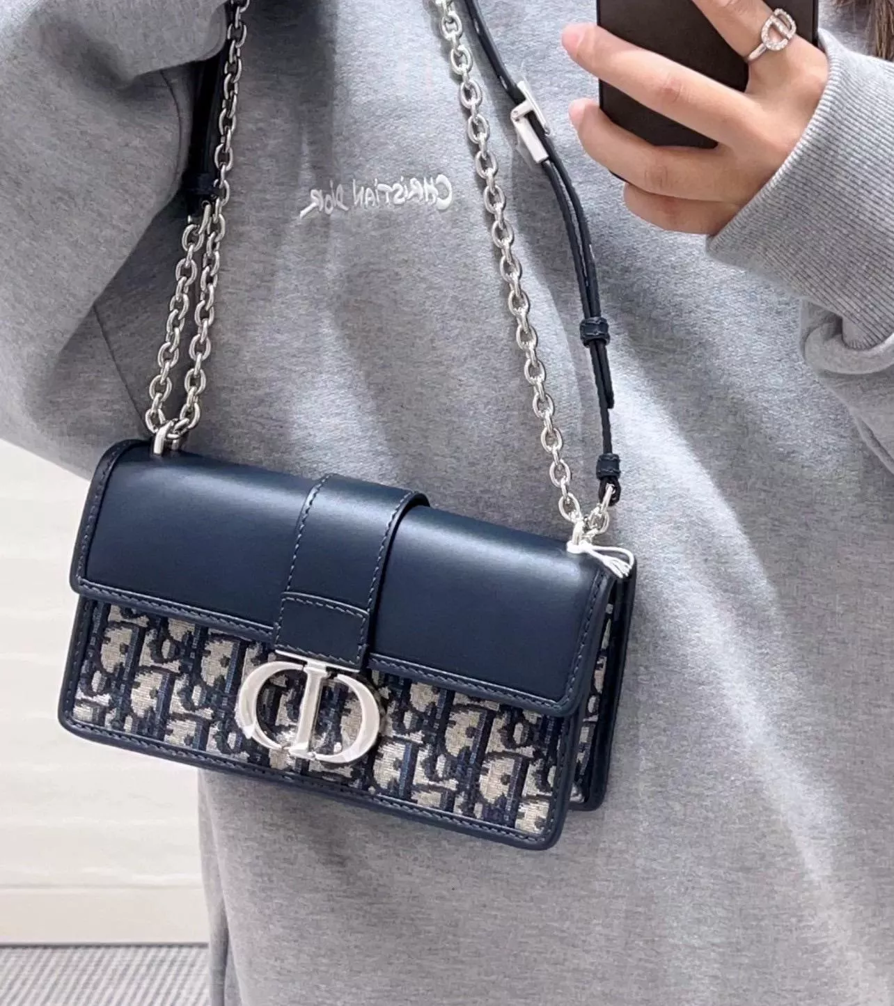 DIOR 小號 21cm 老花拼皮/銀釦 30蒙田 Montaigne鏈條包