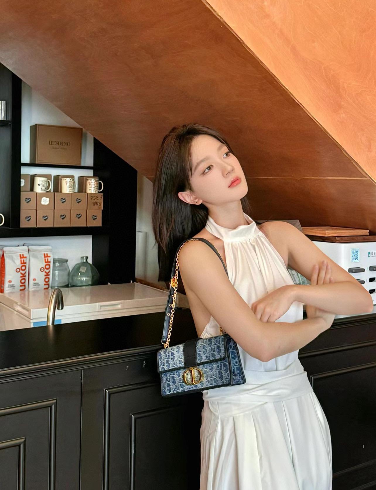 DIOR 小號 21cm 藍色石洗牛仔丹寧 30蒙田 Montaigne鏈條包