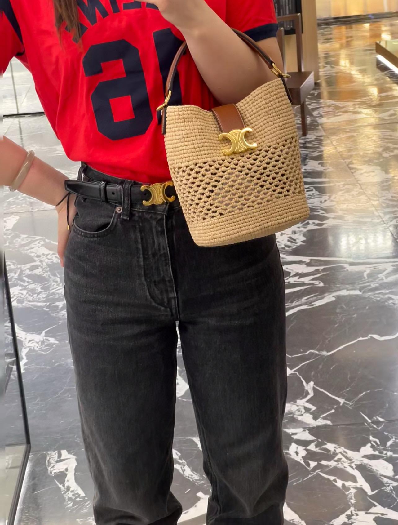 CELINE 夏日度假風系列 草編款 Louise水桶包 可手提與斜挎 19cm