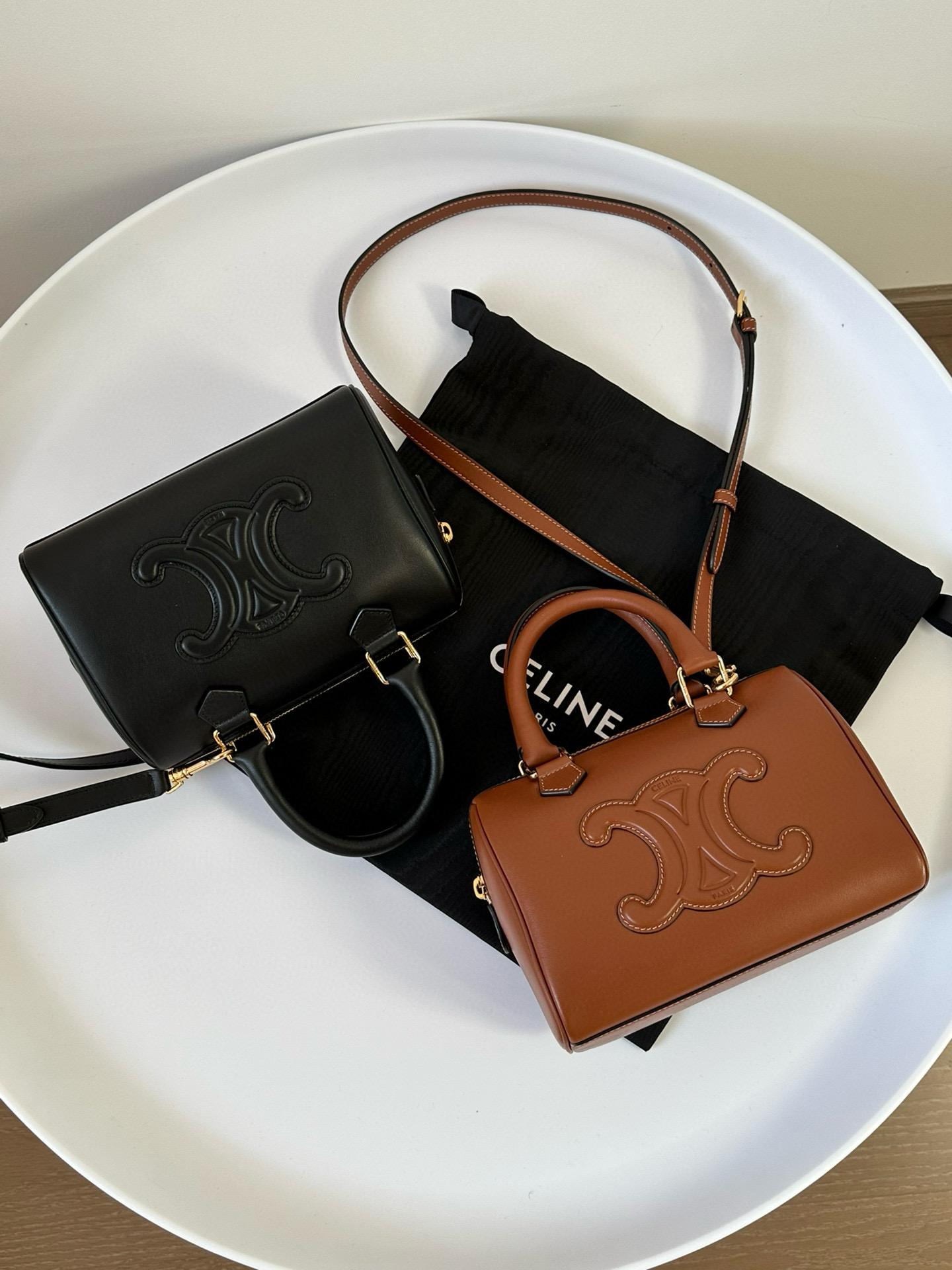 CELINE｜早春Cuir 全皮款黑色/棕色 Triomphe波士頓包/枕頭包/19cm
