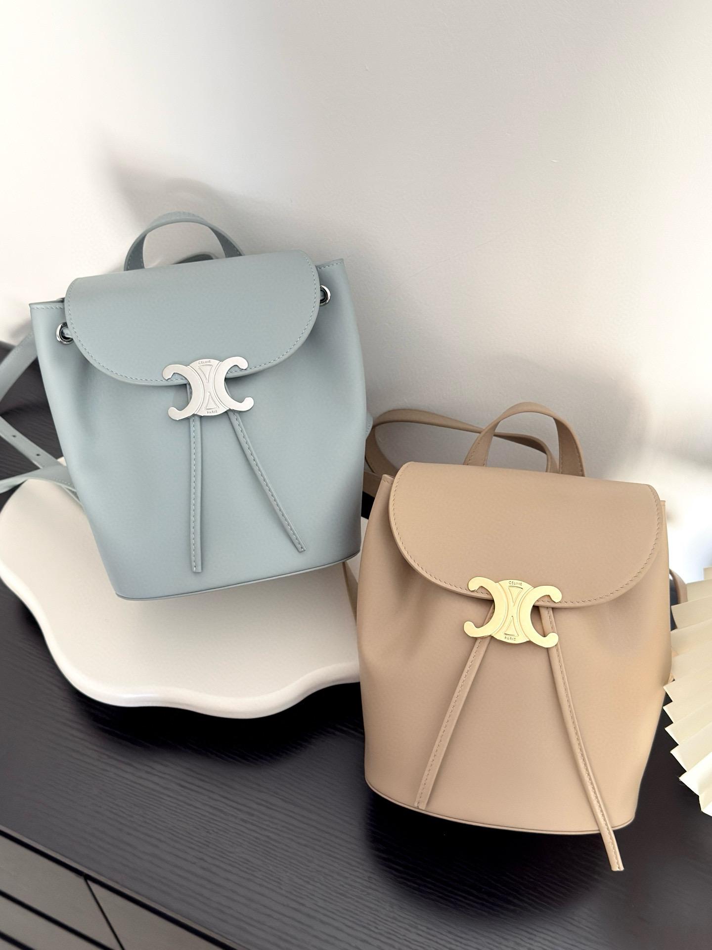 CELINE 限定色 冰藍色/奶茶杏 皮質Bonnie✨雙肩包 小書包 長25cm x 寬18cm x 深13cm