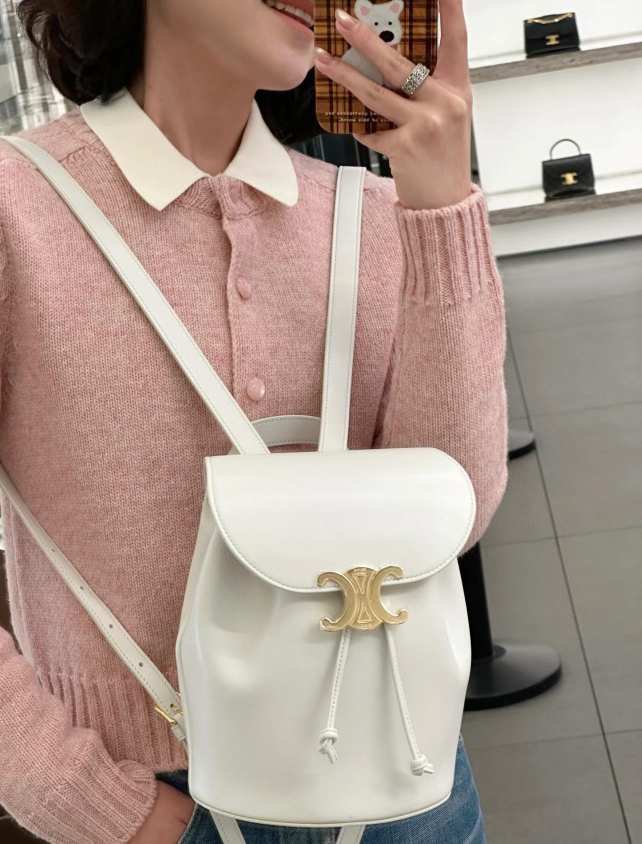 CELINE 白色皮質Bonnie✨雙肩包 小書包 長25cm x 寬18cm x 深13cm