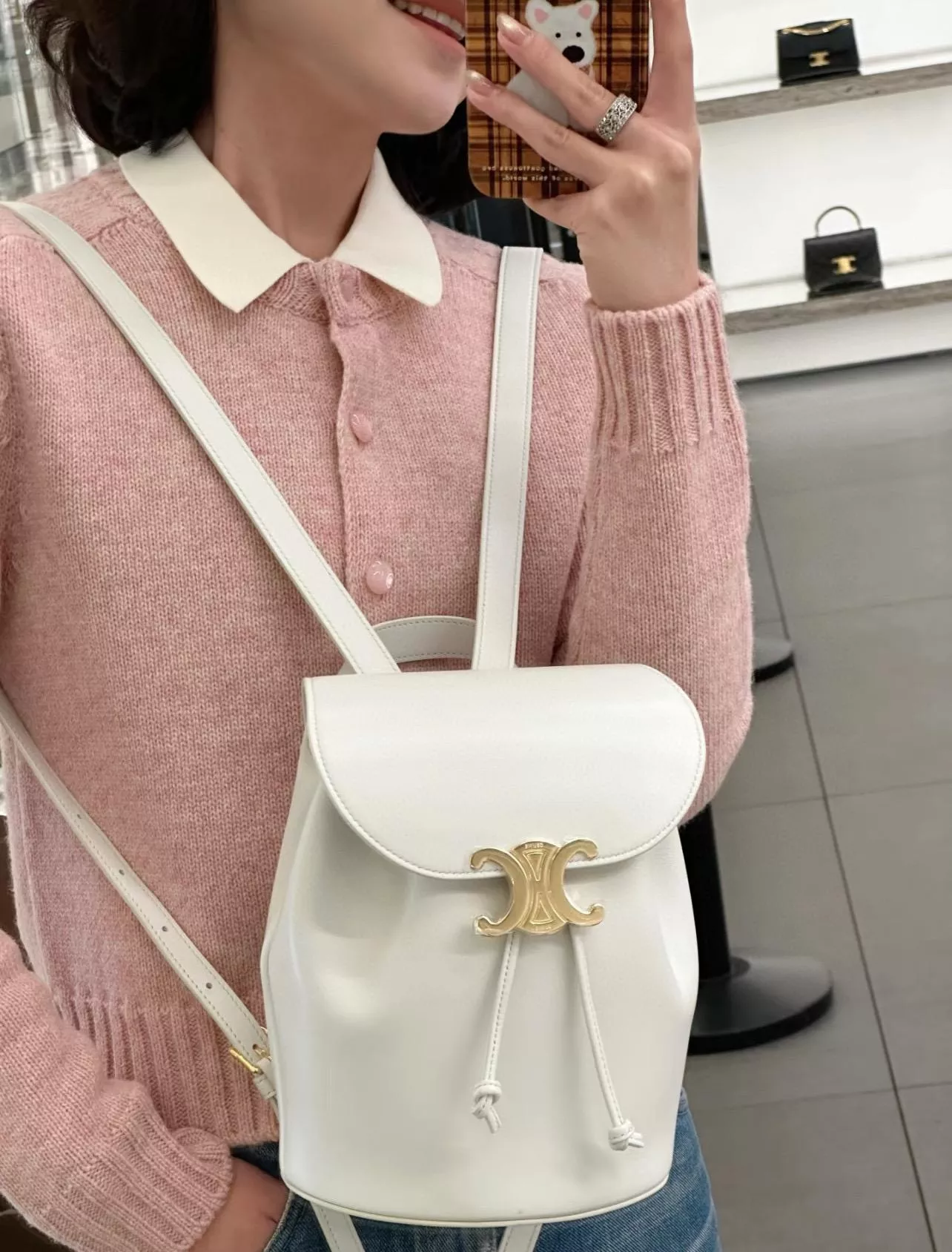 CELINE 白色皮質Bonnie✨雙肩包 小書包 長25cm x 寬18cm x 深13cm
