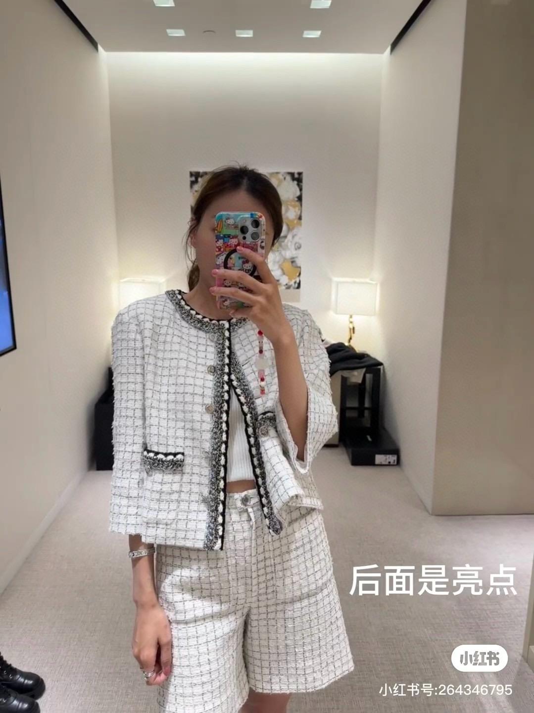 CHANEL | 25P早春款 白色格紋針織外套 九分袖設計