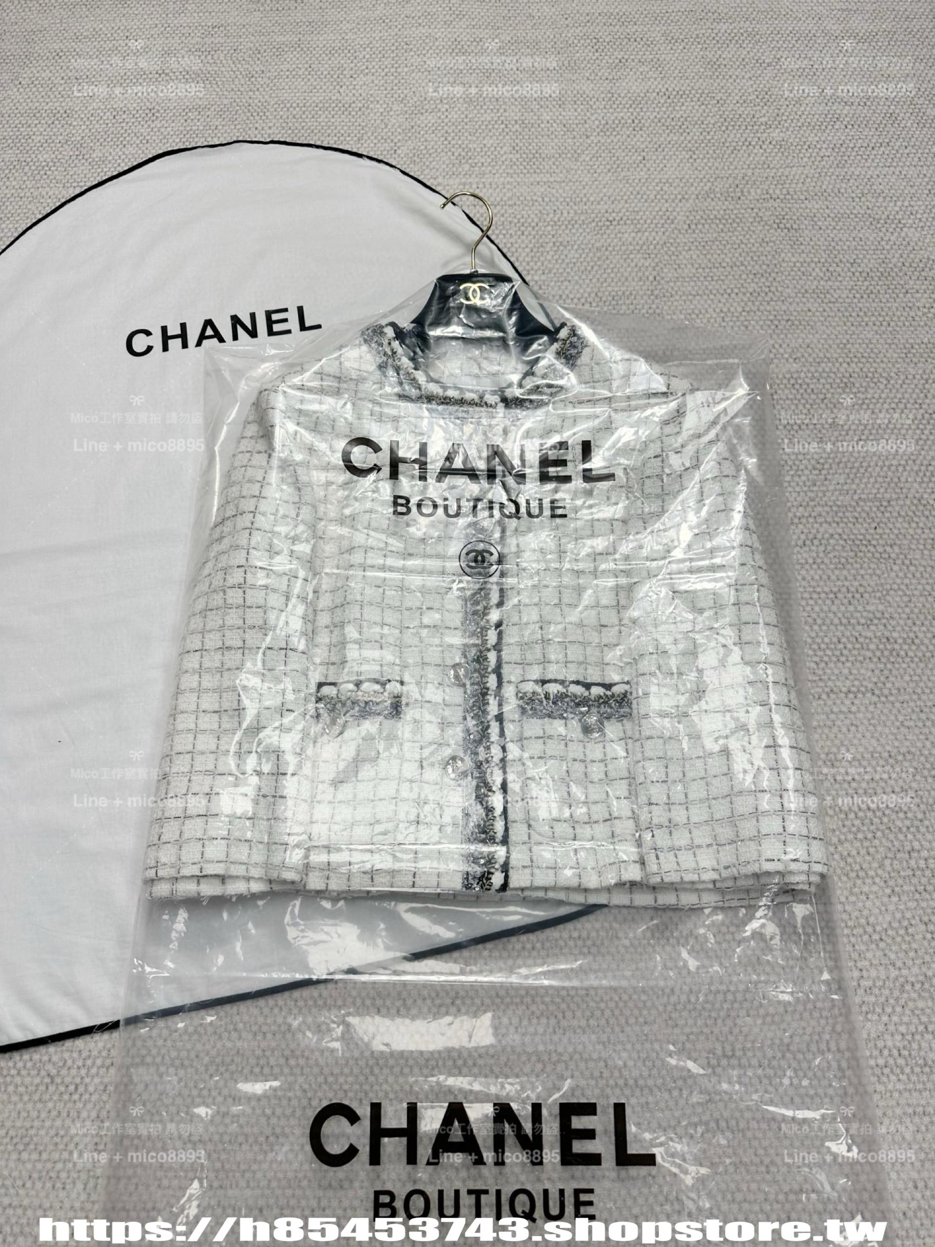 CHANEL | 25P早春款 白色格紋針織外套 九分袖設計