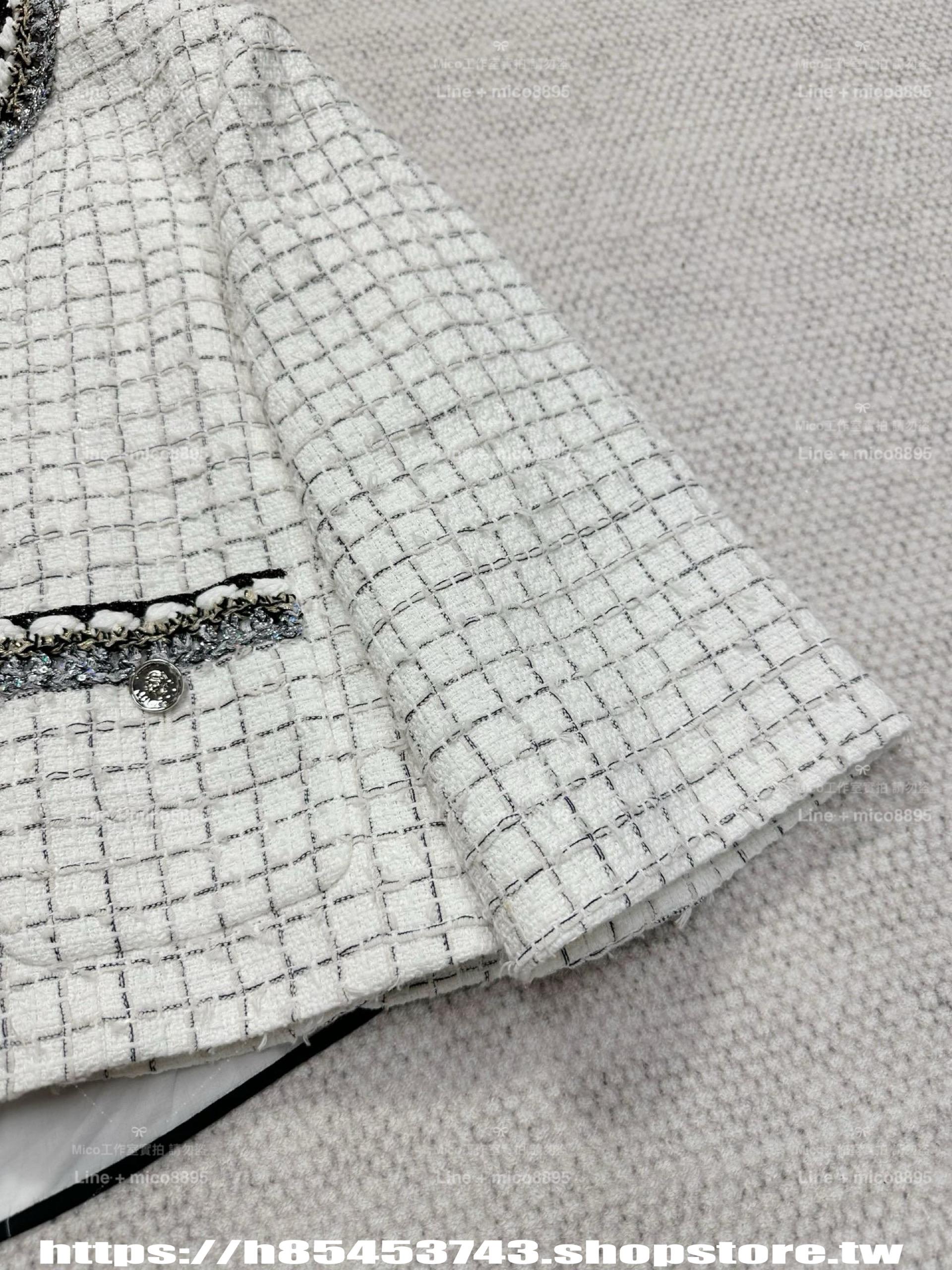 CHANEL | 25P早春款 白色格紋針織外套 九分袖設計