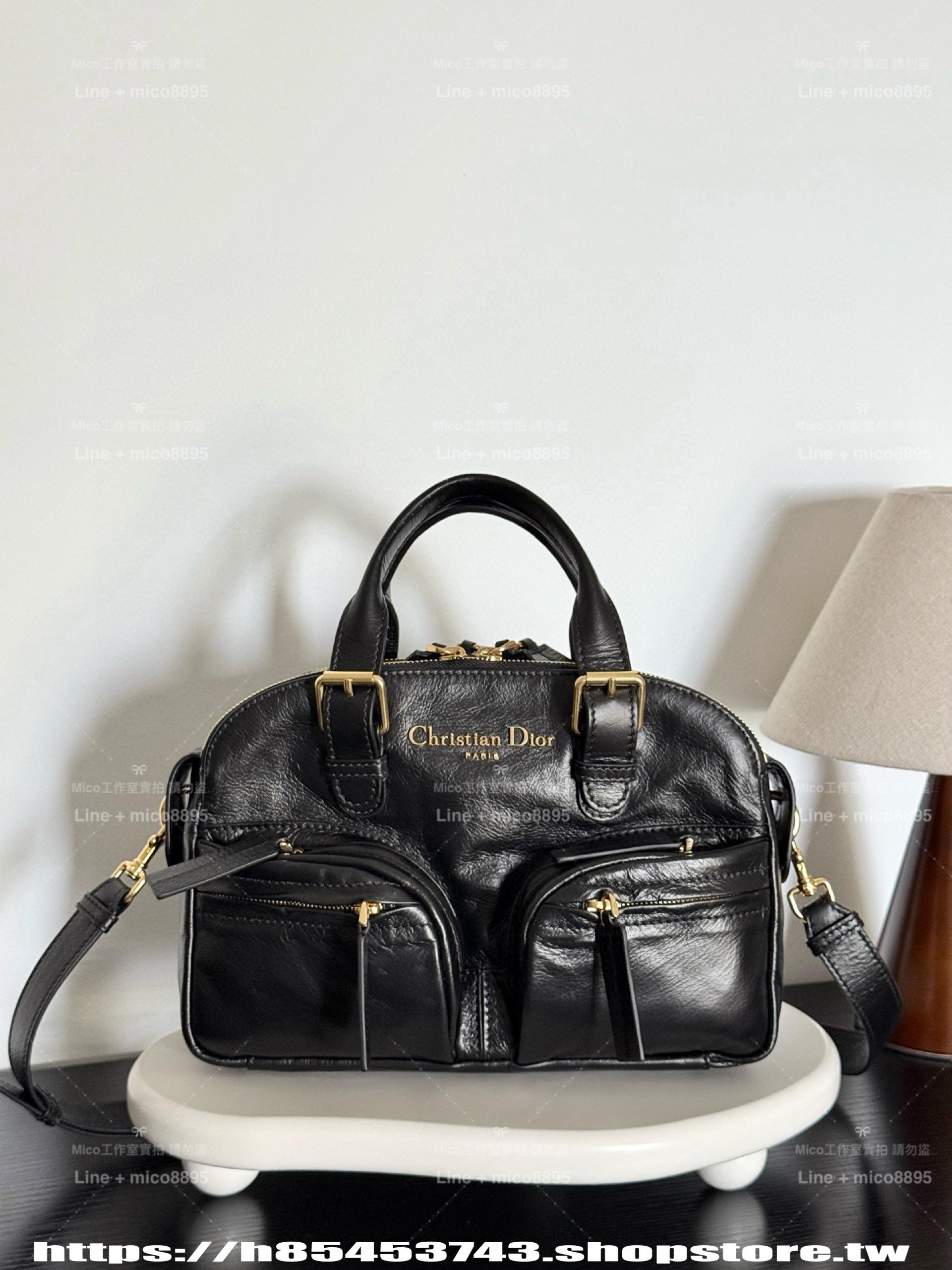 Dior 小碼 Grand Tour 保齡球手袋 28cm 黑色皺紋小牛皮 機車包