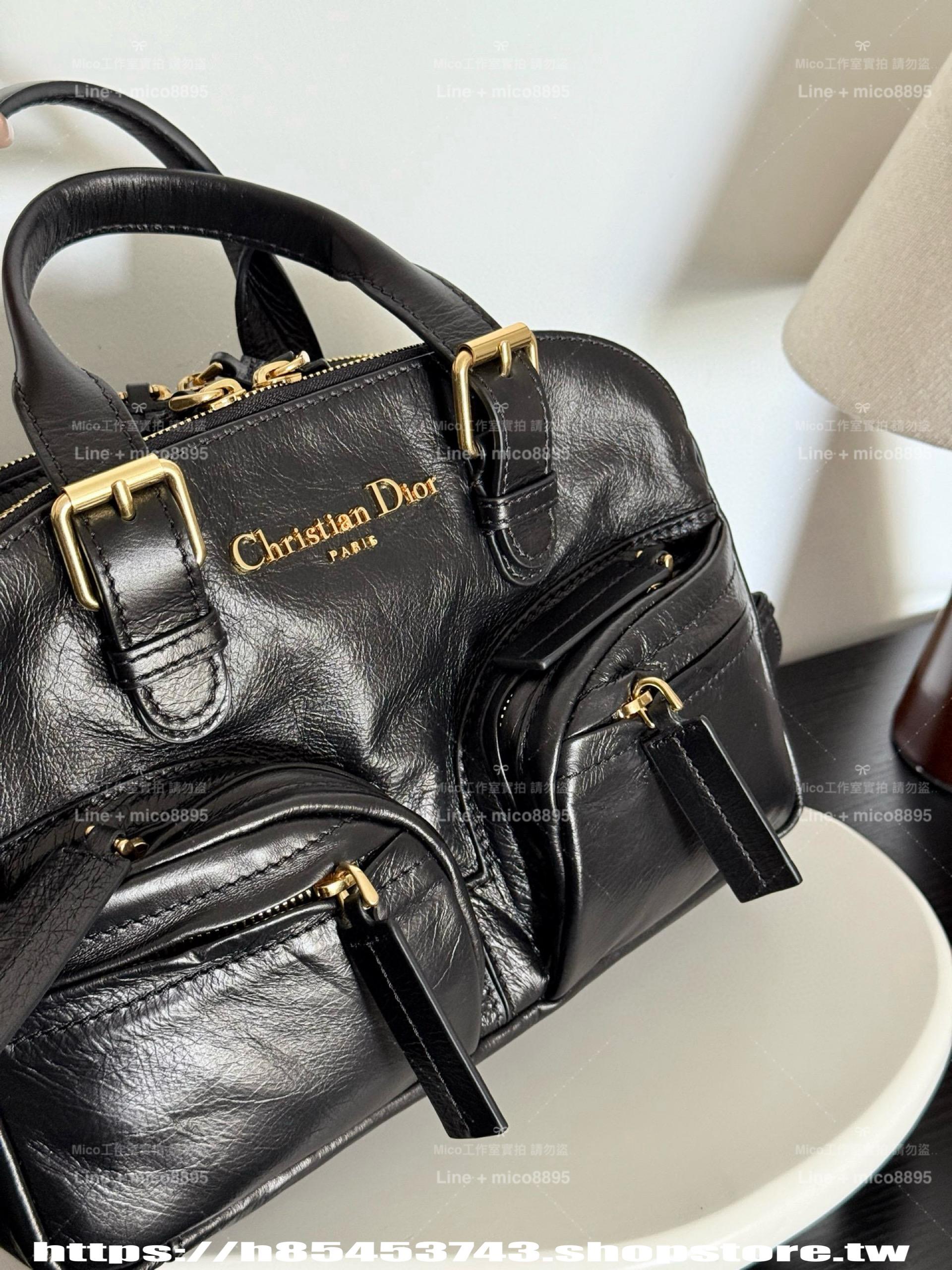 Dior 小碼 Grand Tour 保齡球手袋 28cm 黑色皺紋小牛皮 機車包