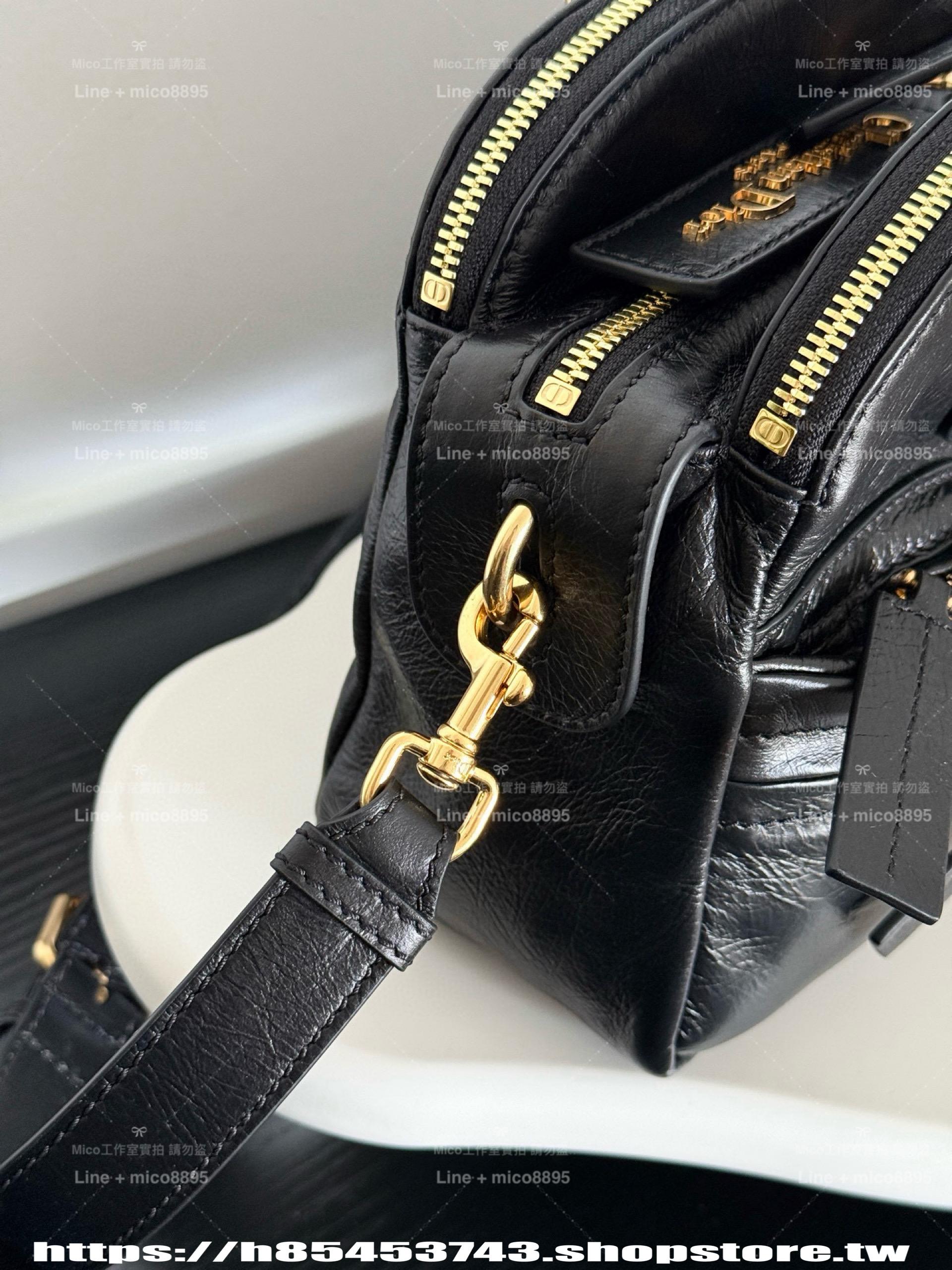 Dior 小碼 Grand Tour 保齡球手袋 28cm 黑色皺紋小牛皮 機車包