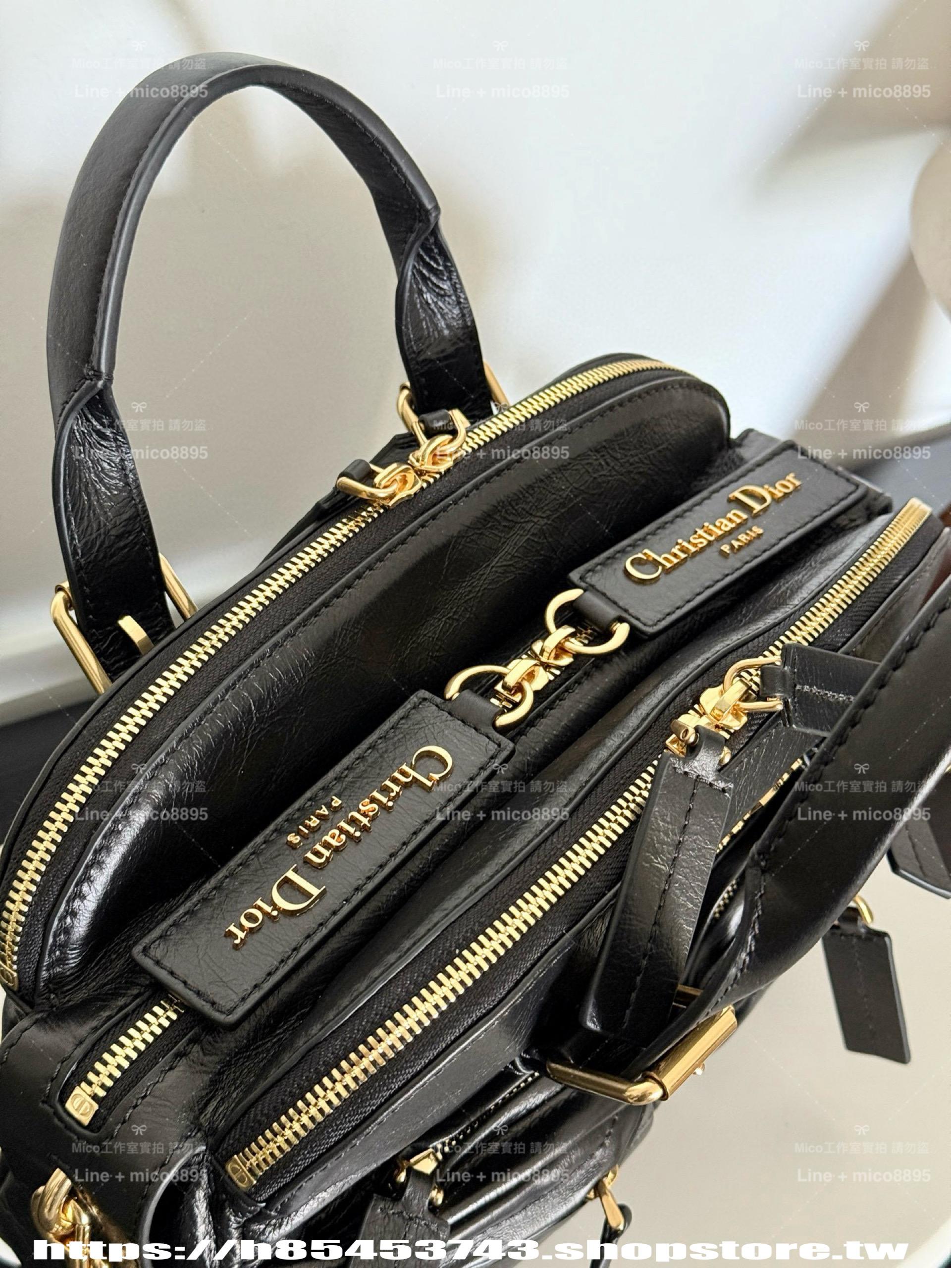 Dior 小碼 Grand Tour 保齡球手袋 28cm 黑色皺紋小牛皮 機車包