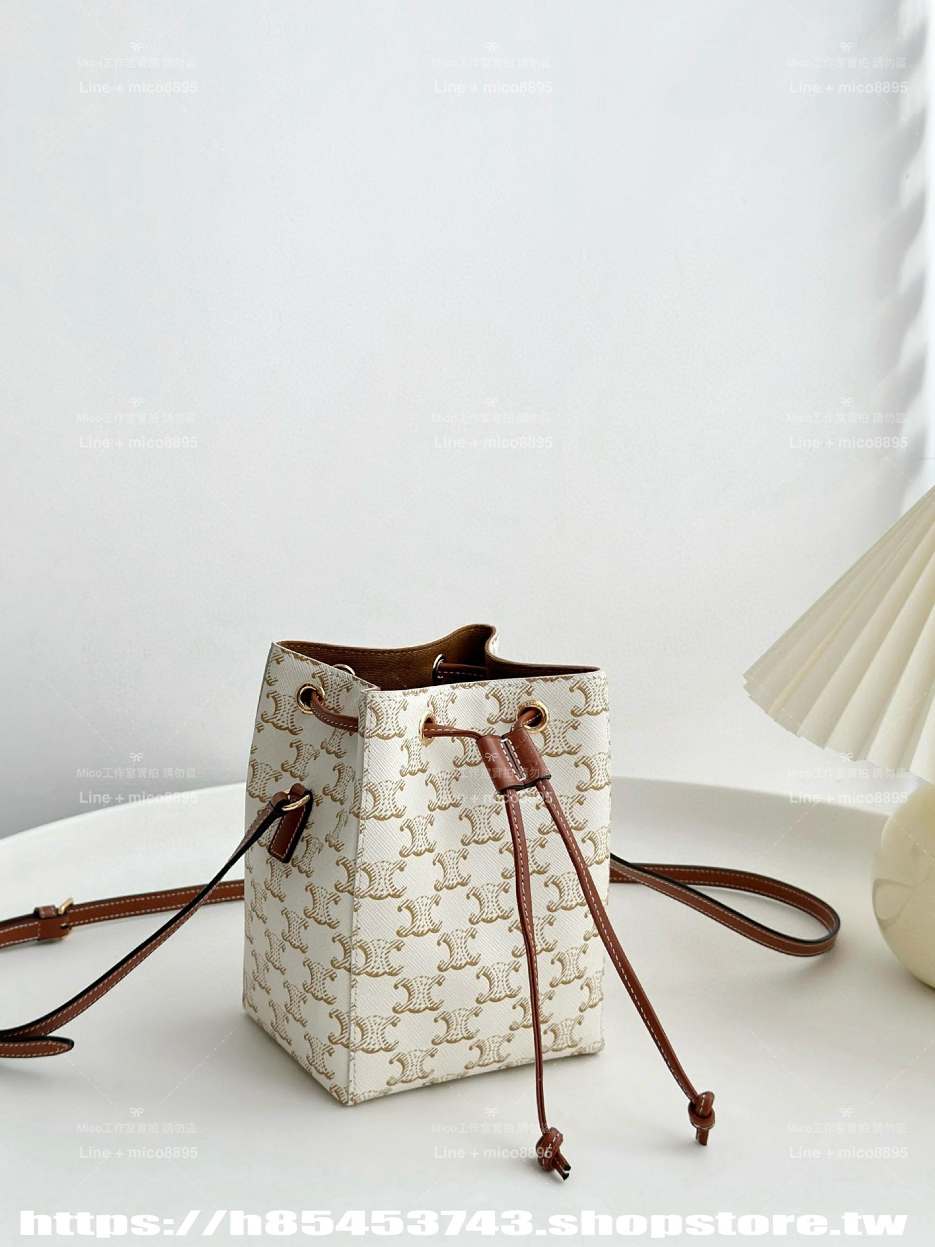 CELINE 精緻小巧燒賣包 白色/棕色 抽繩包/水桶包/17.5cm